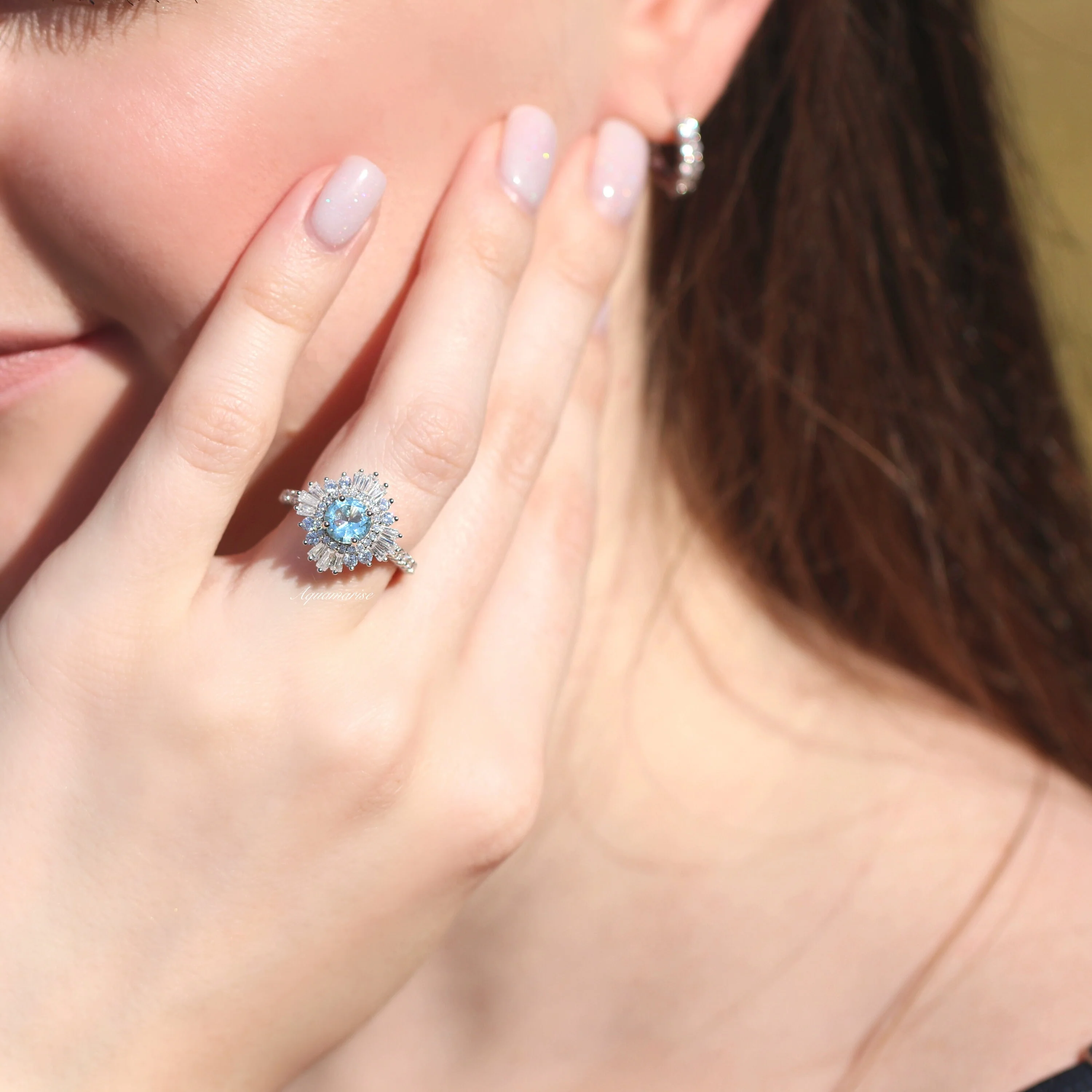 Joelle Vintage Aquamarine Engagement Ring in 14K White Gold - Image 3
