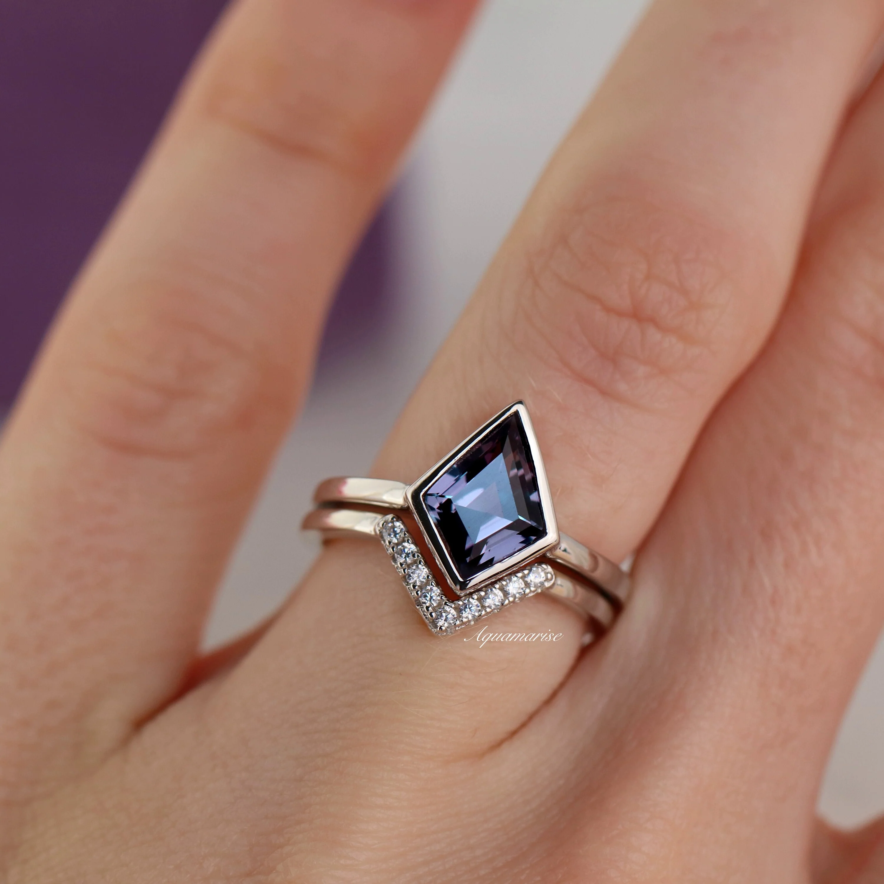 Kite Cut Alexandrite Bezel Engagement Ring Set in Sterling Silver - Image 3