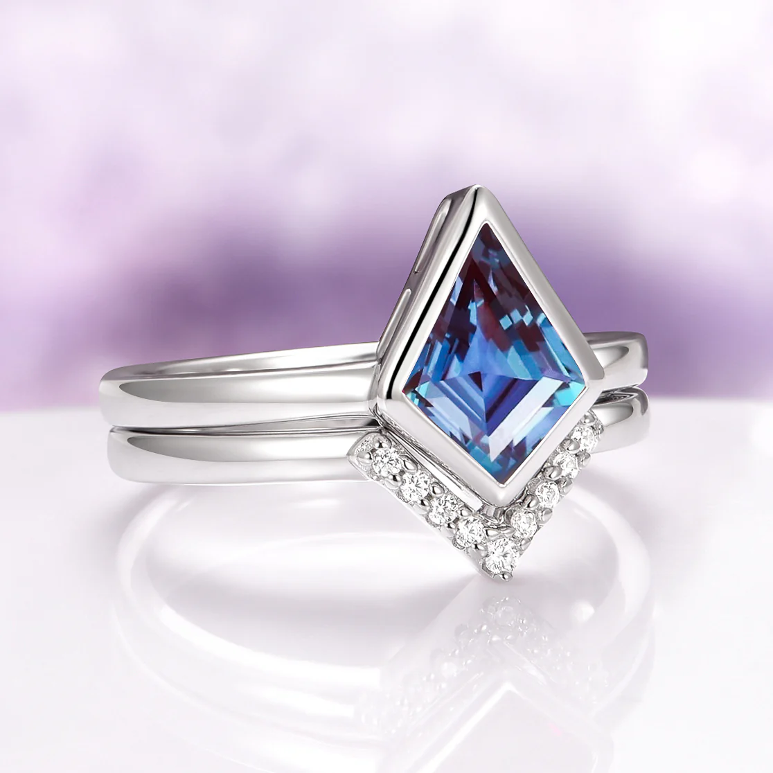 Kite Cut Alexandrite Bezel Engagement Ring Set in Sterling Silver - Image 4