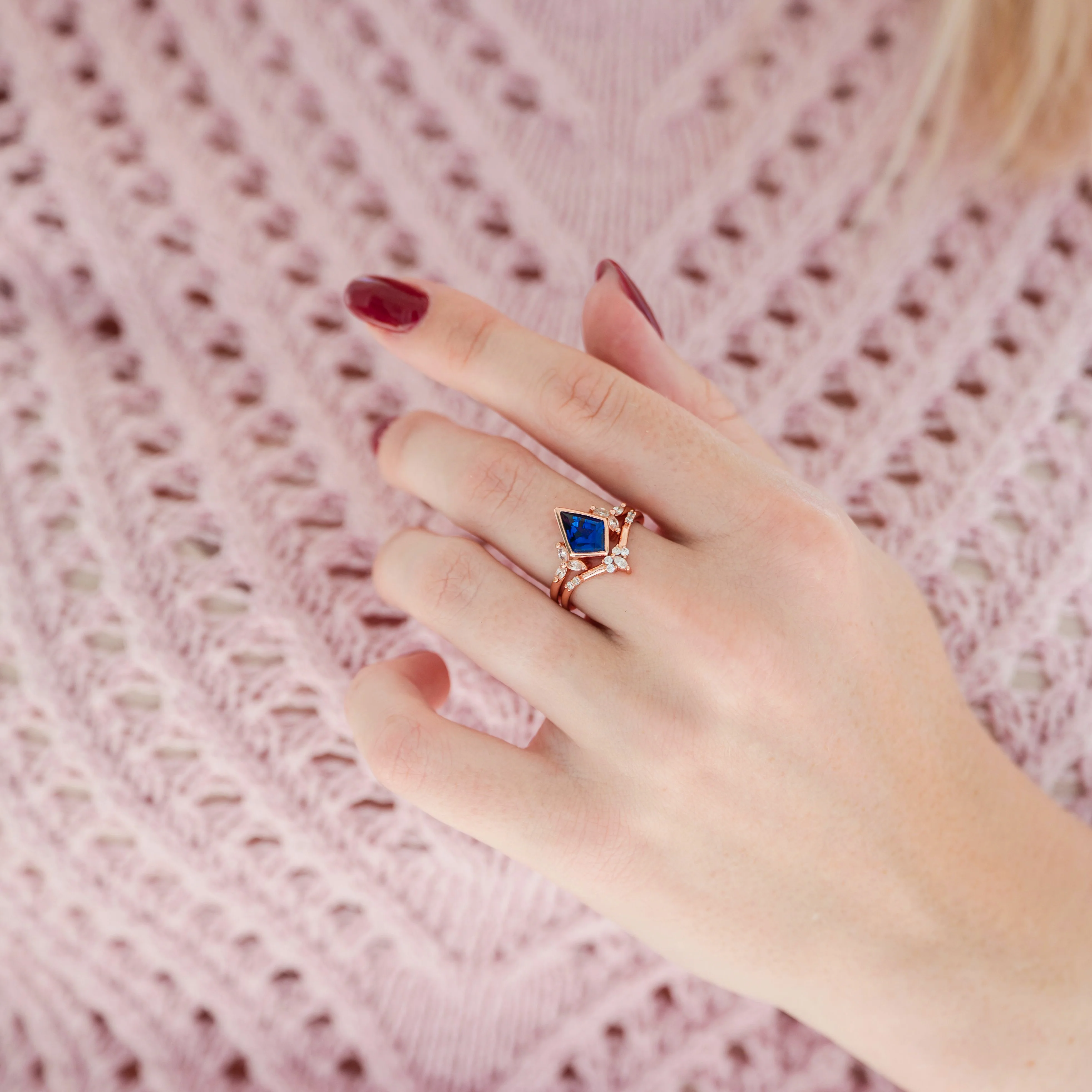 Kite Blue Sapphire Bezel Engagement Ring Set in 14K Solid Rose Gold - Image 2