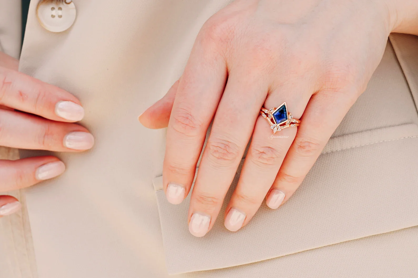 Kite Blue Sapphire Bezel Engagement Ring Set in 14K Solid Rose Gold - Image 3