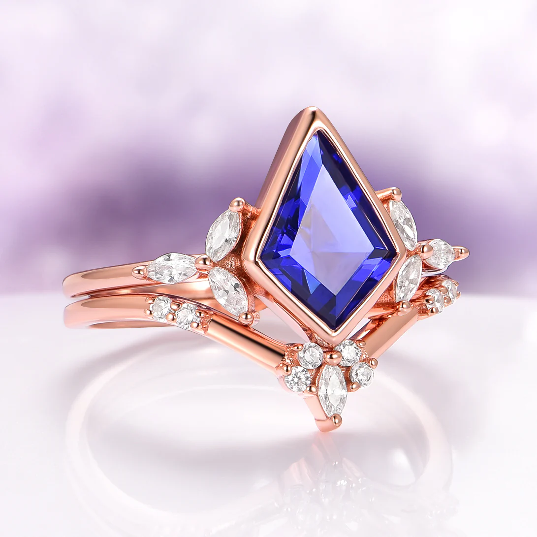 Kite Blue Sapphire Bezel Engagement Ring Set in 14K Solid Rose Gold - Image 9