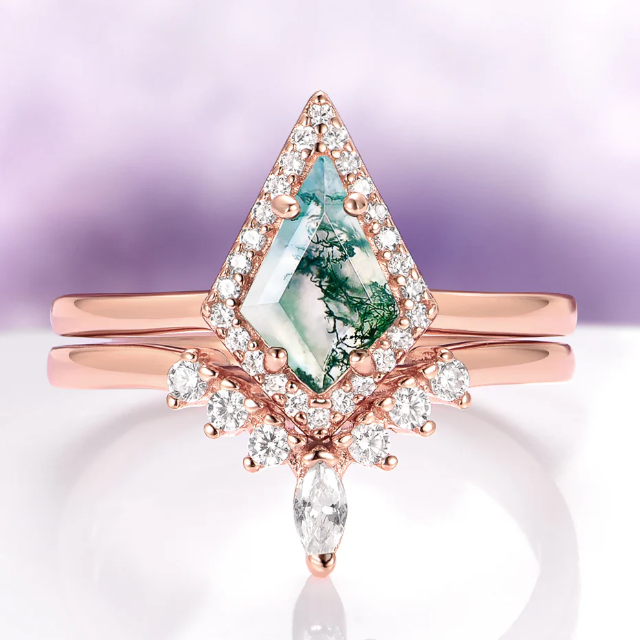 Kite Cut Green Moss Agate Engagement Ring Set in 14K Solid Rose Gold