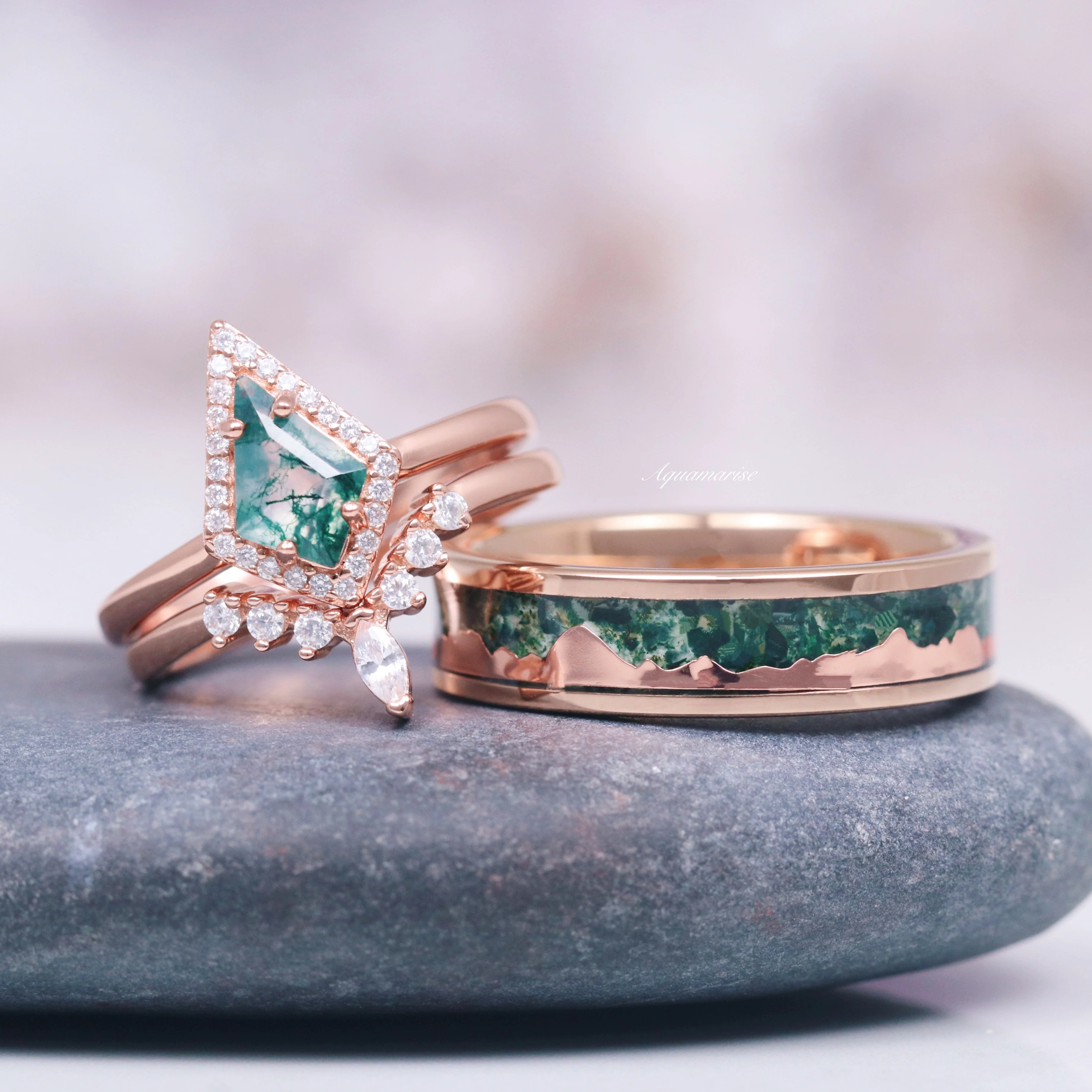 Kite Cut Green Moss Agate Engagement Ring Set in 14K Solid Rose Gold - Image 2