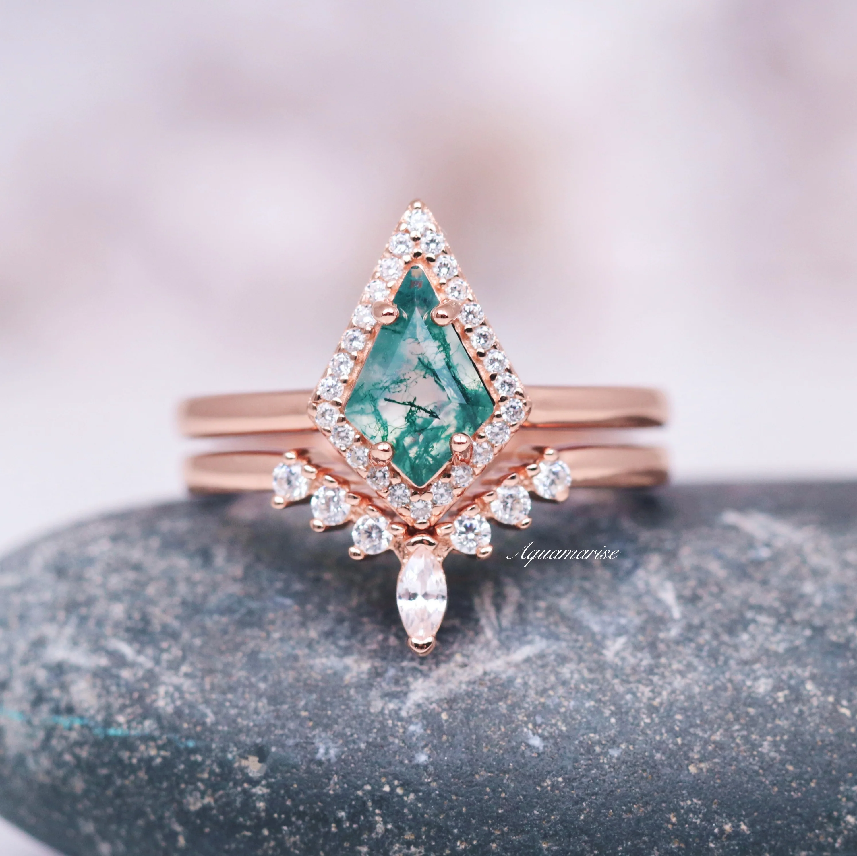 Kite Cut Green Moss Agate Engagement Ring Set in 14K Solid Rose Gold - Image 4