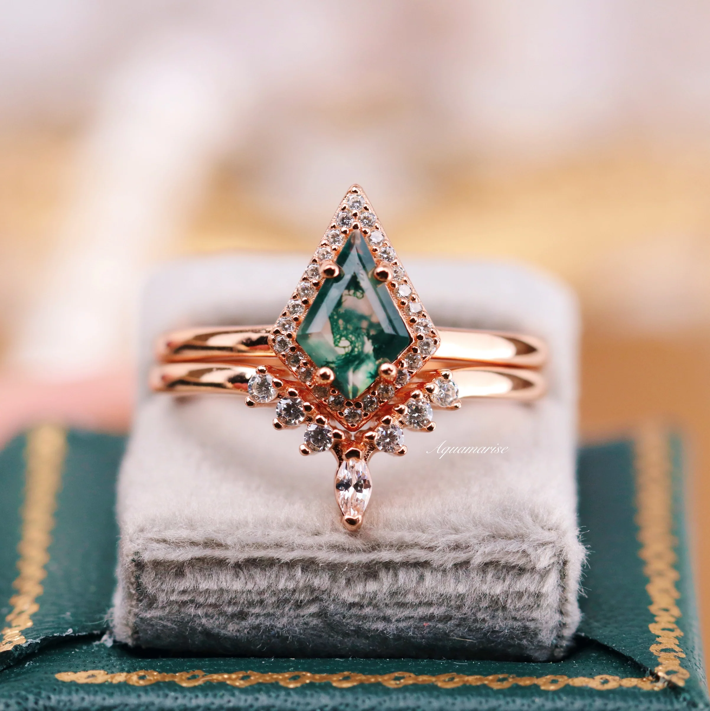 Kite Cut Green Moss Agate Engagement Ring Set in 14K Solid Rose Gold - Image 5