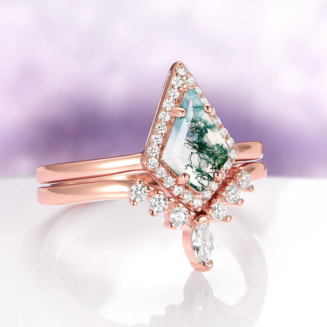 Kite Cut Green Moss Agate Engagement Ring Set in 14K Solid Rose Gold - Image 7