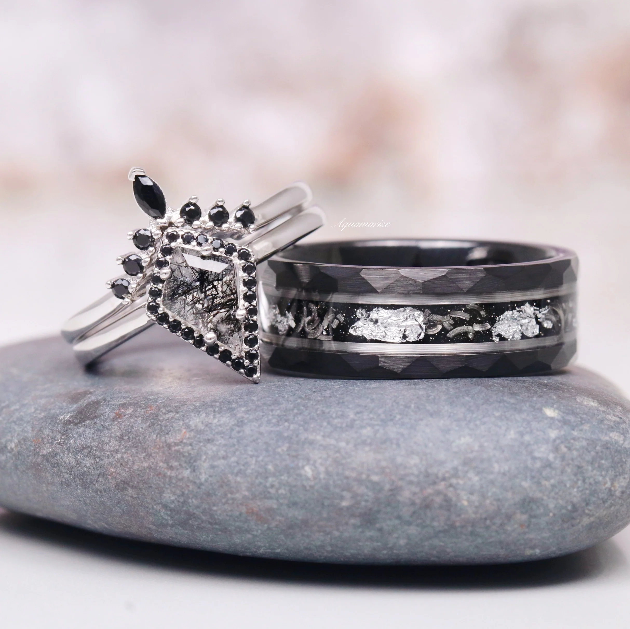 Rutilated Quartz & Black Onyx Engagement Ring Set in 14K White Gold - Image 3