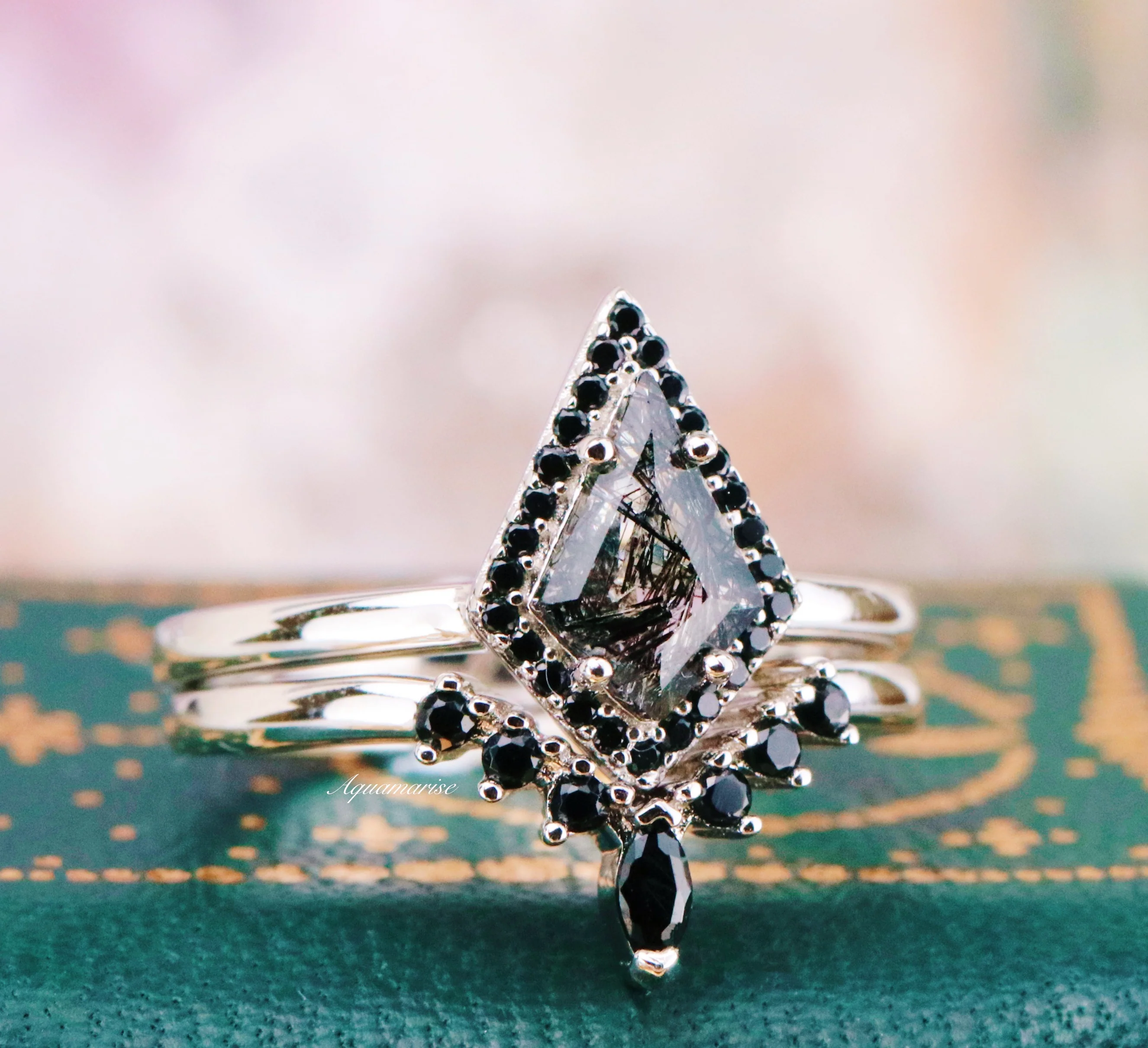 Rutilated Quartz & Black Onyx Engagement Ring Set in 14K White Gold - Image 4