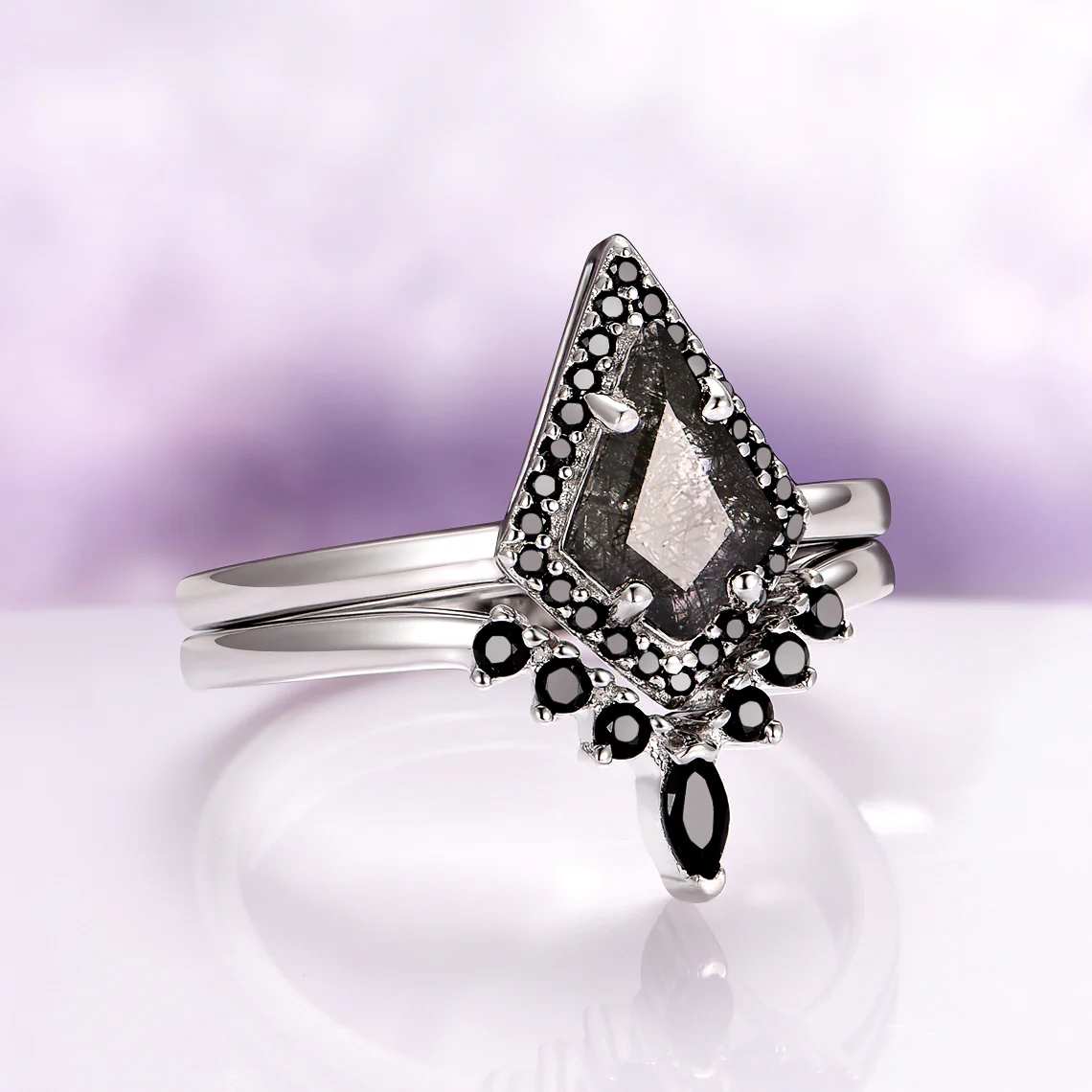 Rutilated Quartz & Black Onyx Engagement Ring Set in 14K White Gold - Image 5