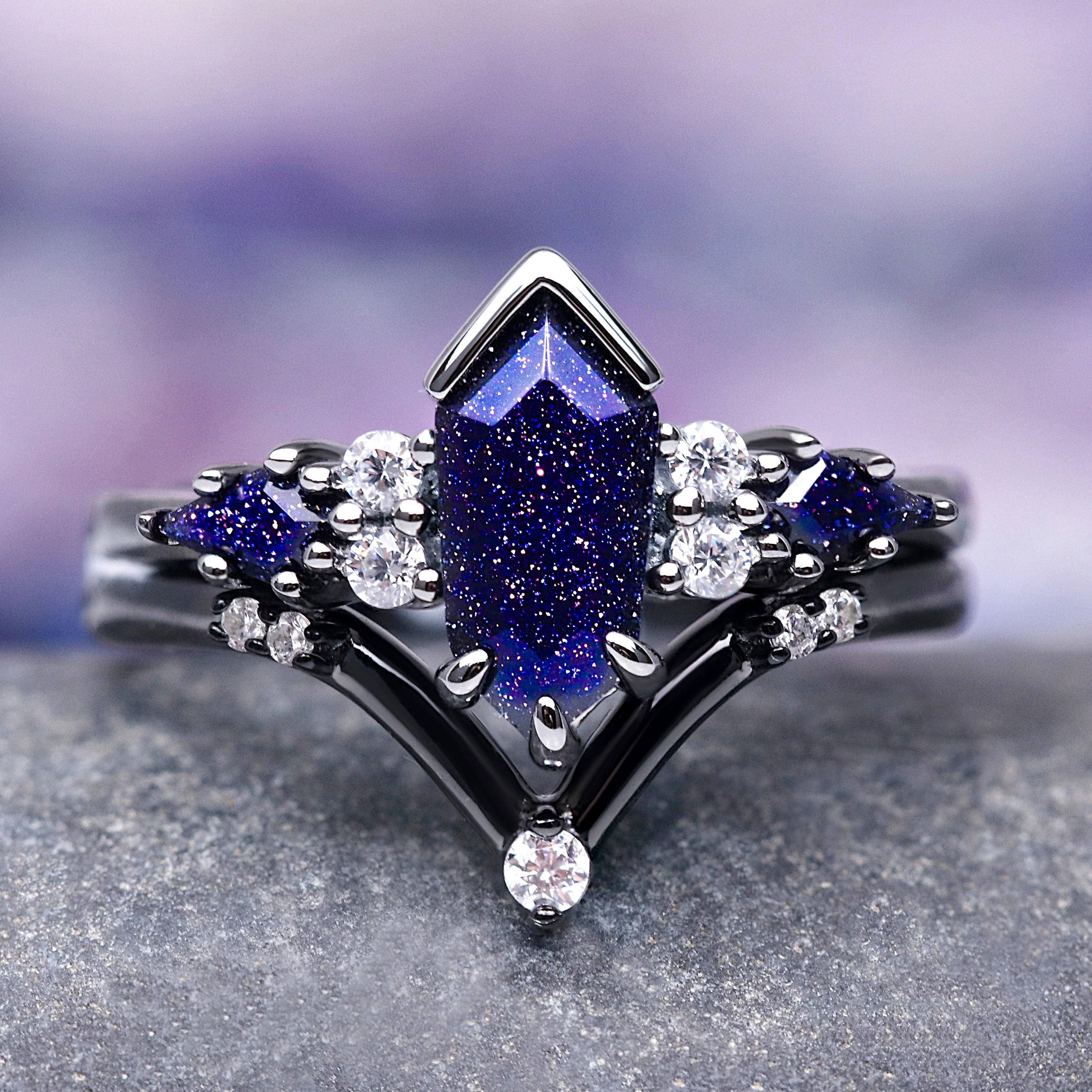Kite Galaxy Sandstone (Starry Night) Ring Set- Black Ruthenium