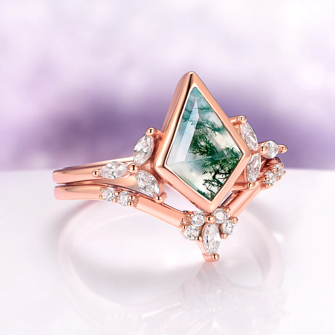 Kite Green Moss Agate Bezel Engagement Ring Set in 14K Solid Rose Gold - Image 5