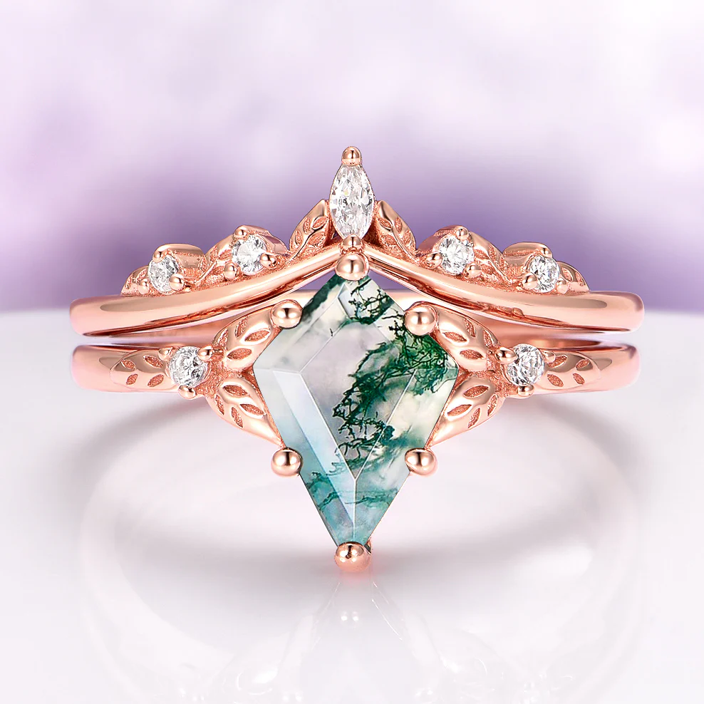 Kite Green Moss Agate Leaf Engagement Ring Set in 14K Solid Rose Gold