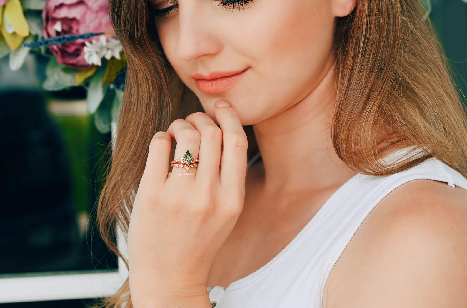 Kite Green Moss Agate Leaf Engagement Ring Set in 14K Solid Rose Gold - Image 2
