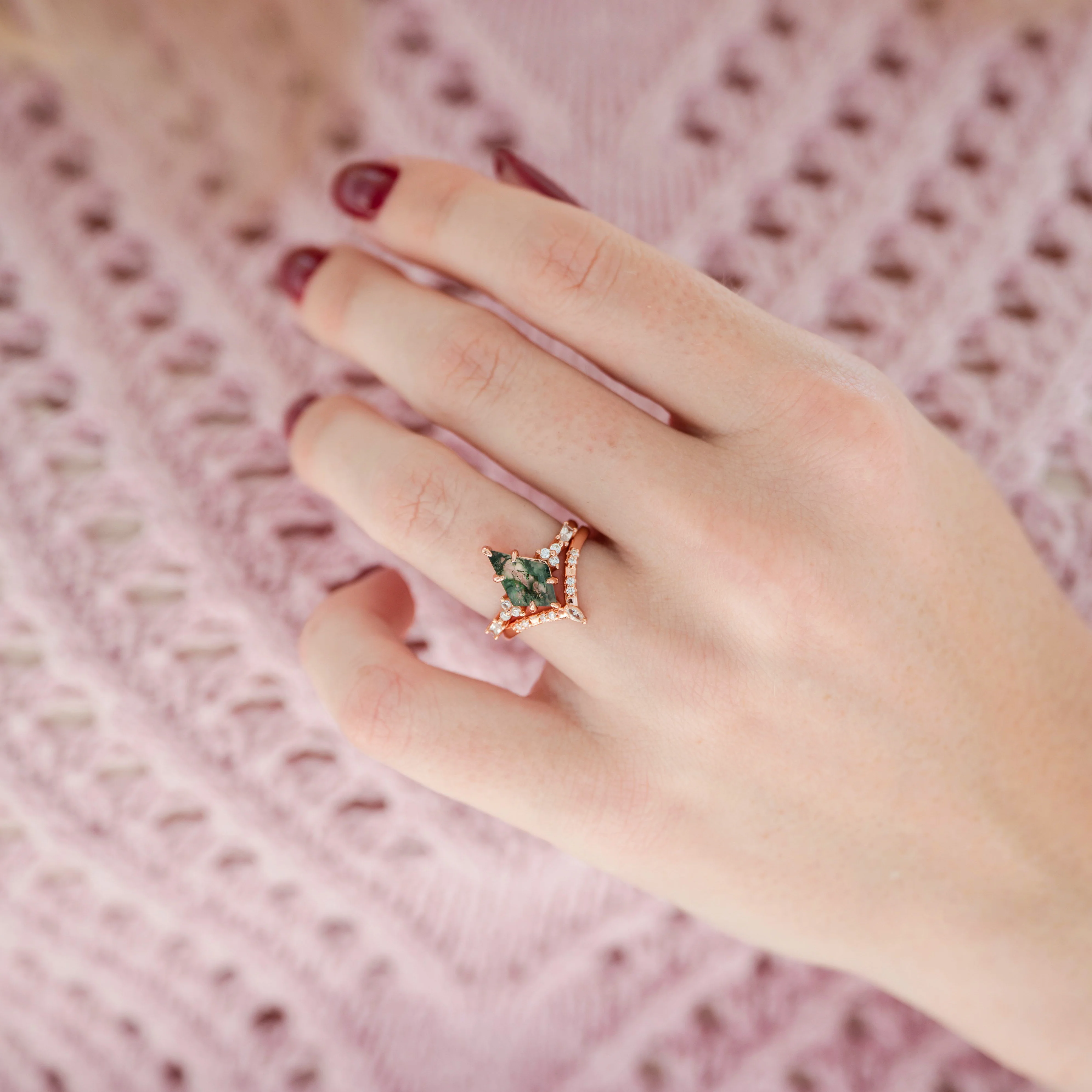 Kite Cut Green Moss Agate Engagement Ring Set in 14K Solid Rose Gold - Image 2