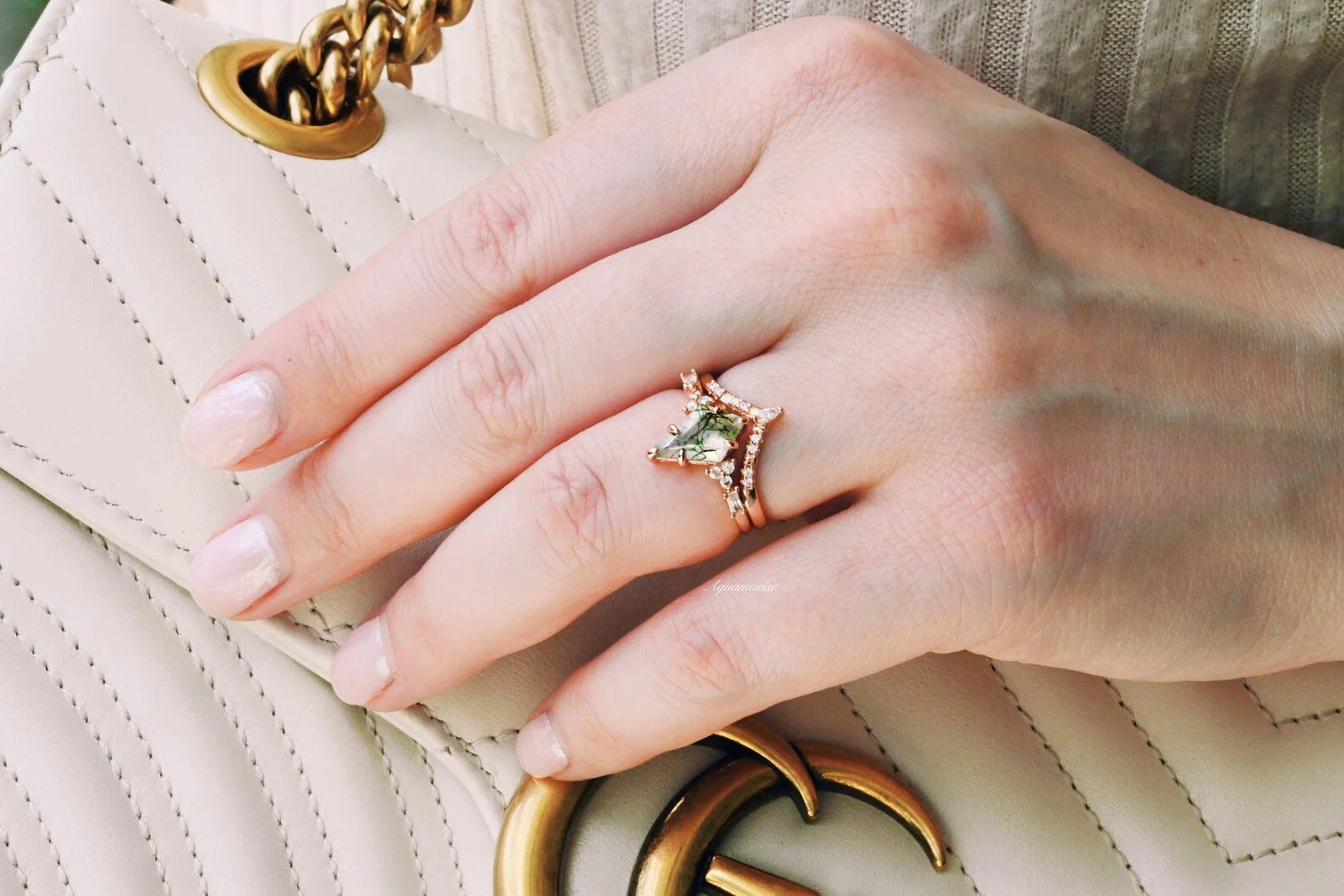 Kite Cut Green Moss Agate Engagement Ring Set in 14K Solid Rose Gold - Image 4