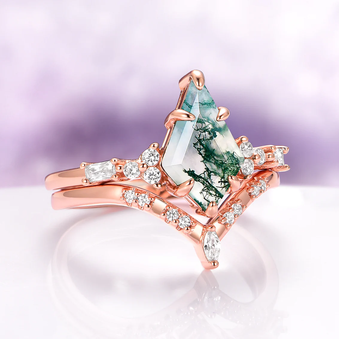 Kite Cut Green Moss Agate Engagement Ring Set in 14K Solid Rose Gold - Image 6