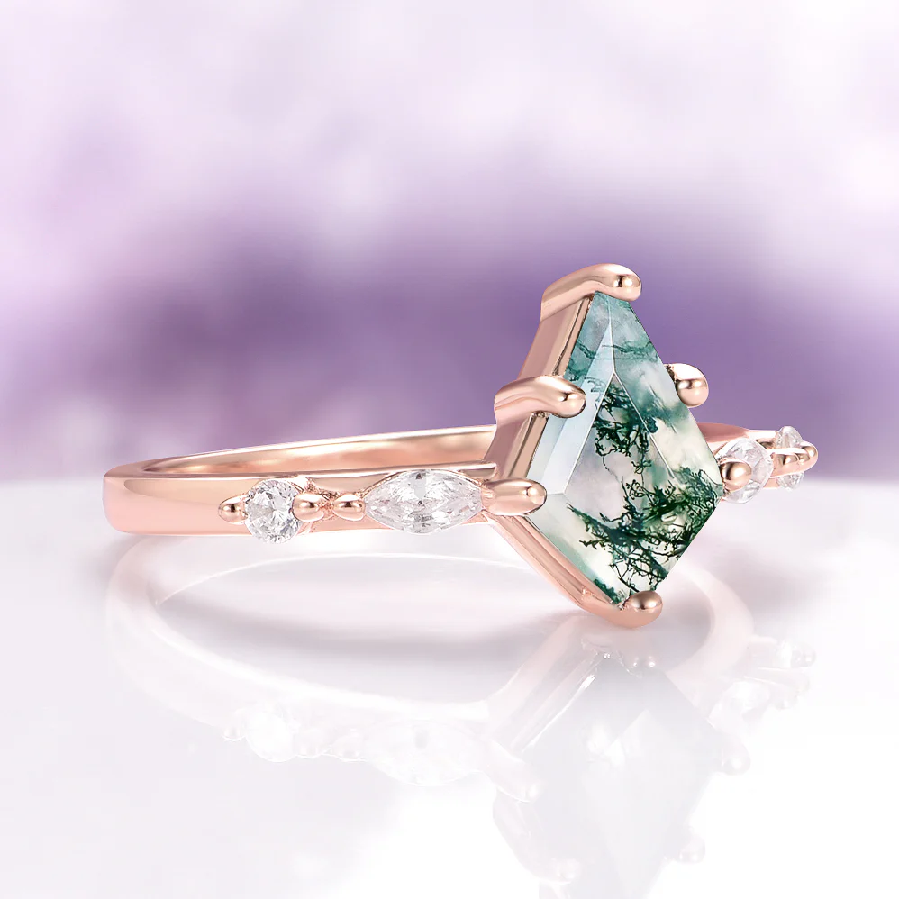 Kite Cut Green Moss Agate Engagement Ring in Solid 14K Rose Gold - Image 6