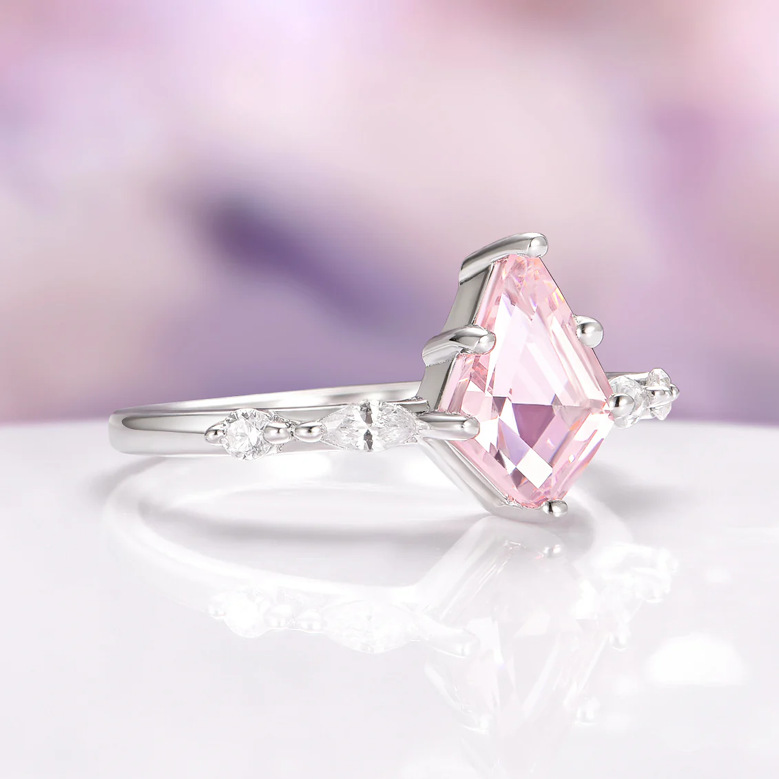Kite Cut Natural Morganite Engagement Ring in 14K White Gold - Image 4