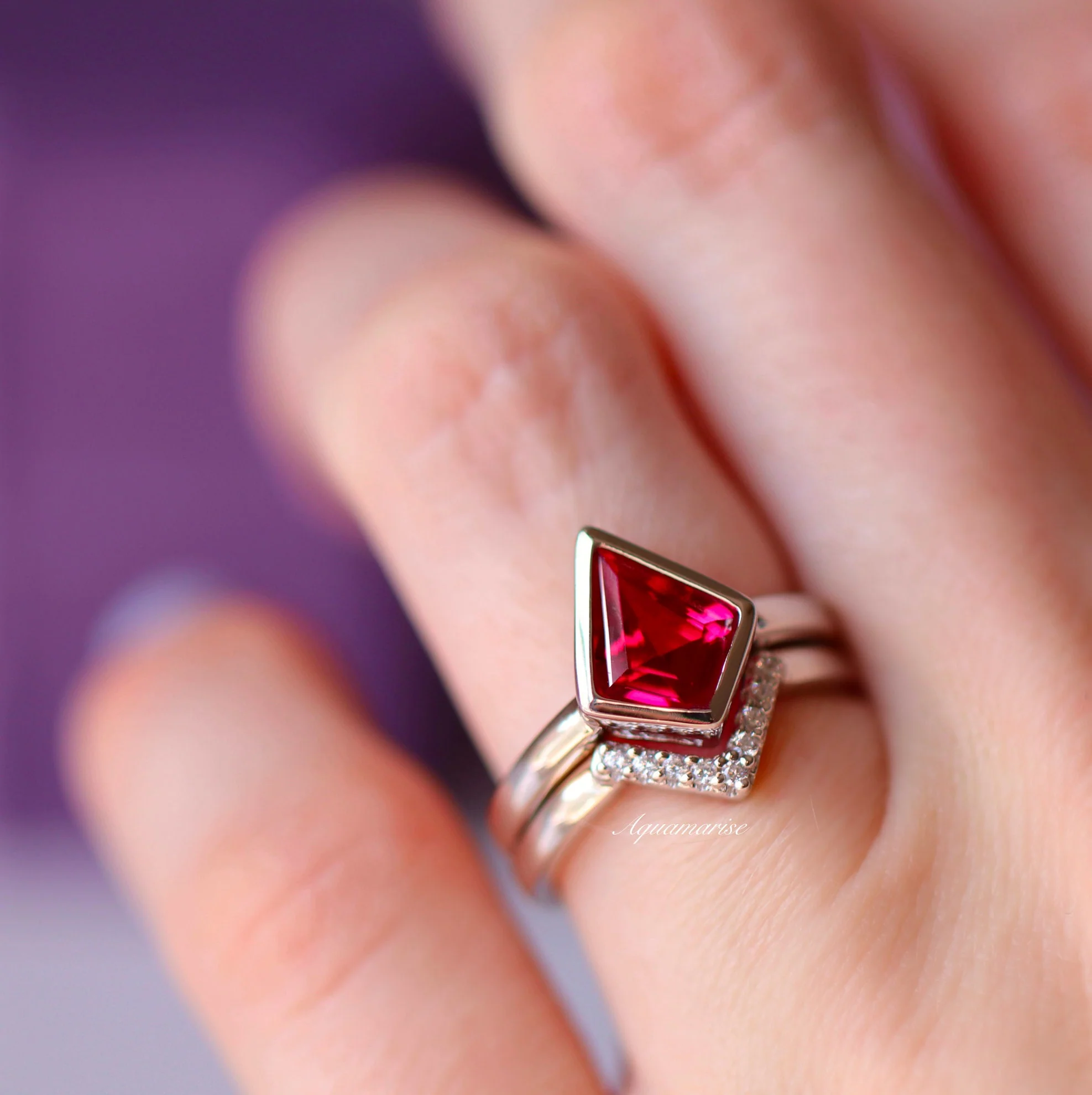 Kite Ruby Bezel Engagement Ring Set in 14K White Gold - Image 2