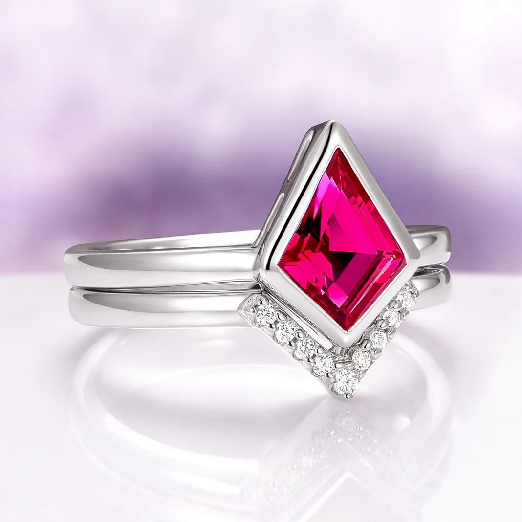 Kite Ruby Bezel Engagement Ring Set in 14K White Gold - Image 3