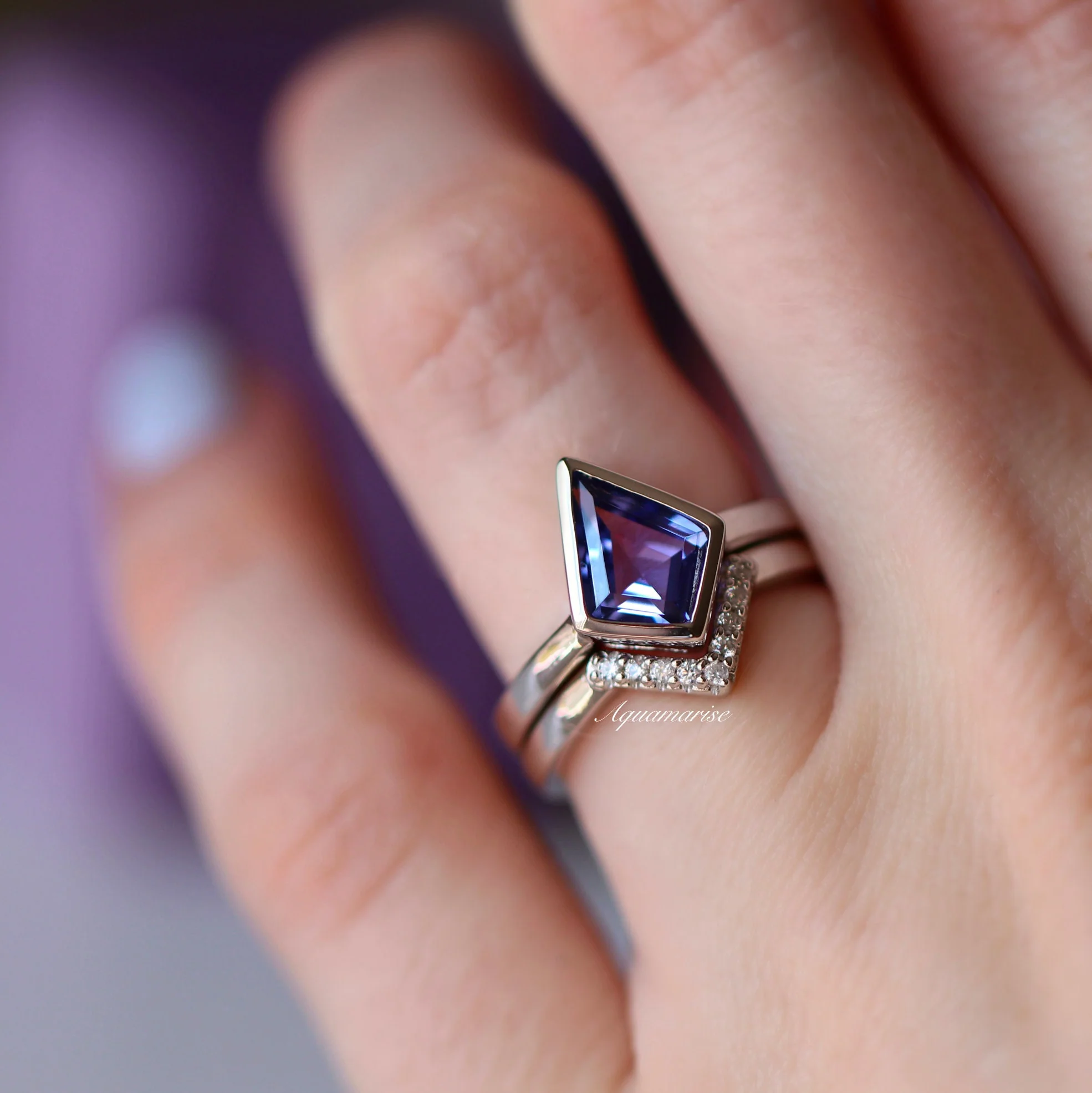 Kite Cut Natural Tanzanite Bezel Engagement Ring Set in 14K White Gold - Image 2