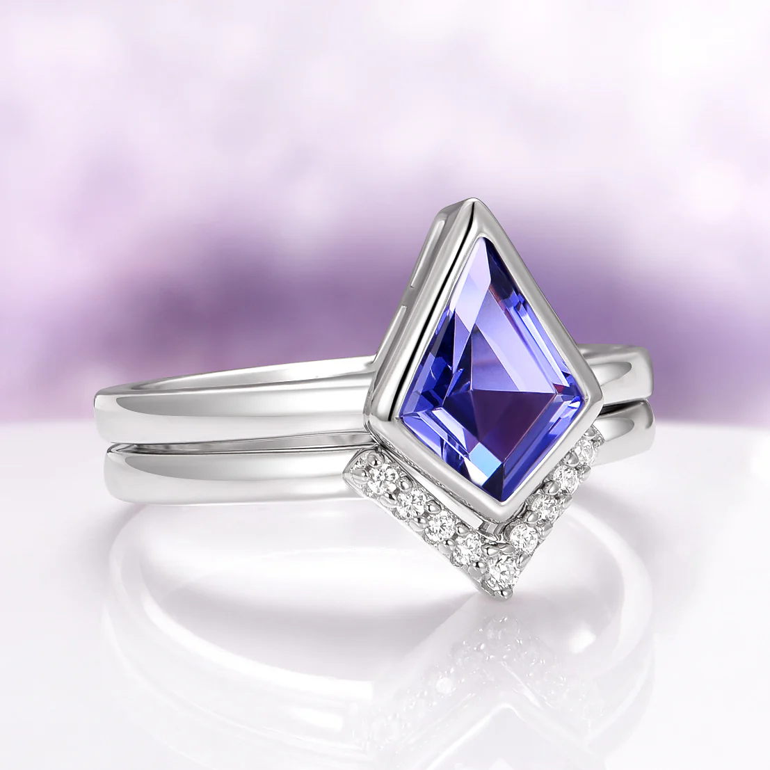Kite Cut Natural Tanzanite Bezel Engagement Ring Set in 14K White Gold - Image 4