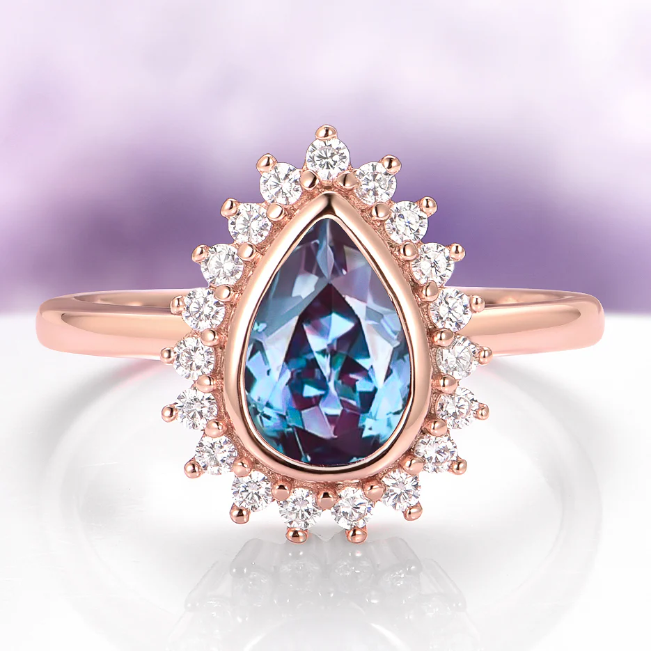 Lab Alexandrite Halo Engagement Ring in Solid 14K Rose Gold