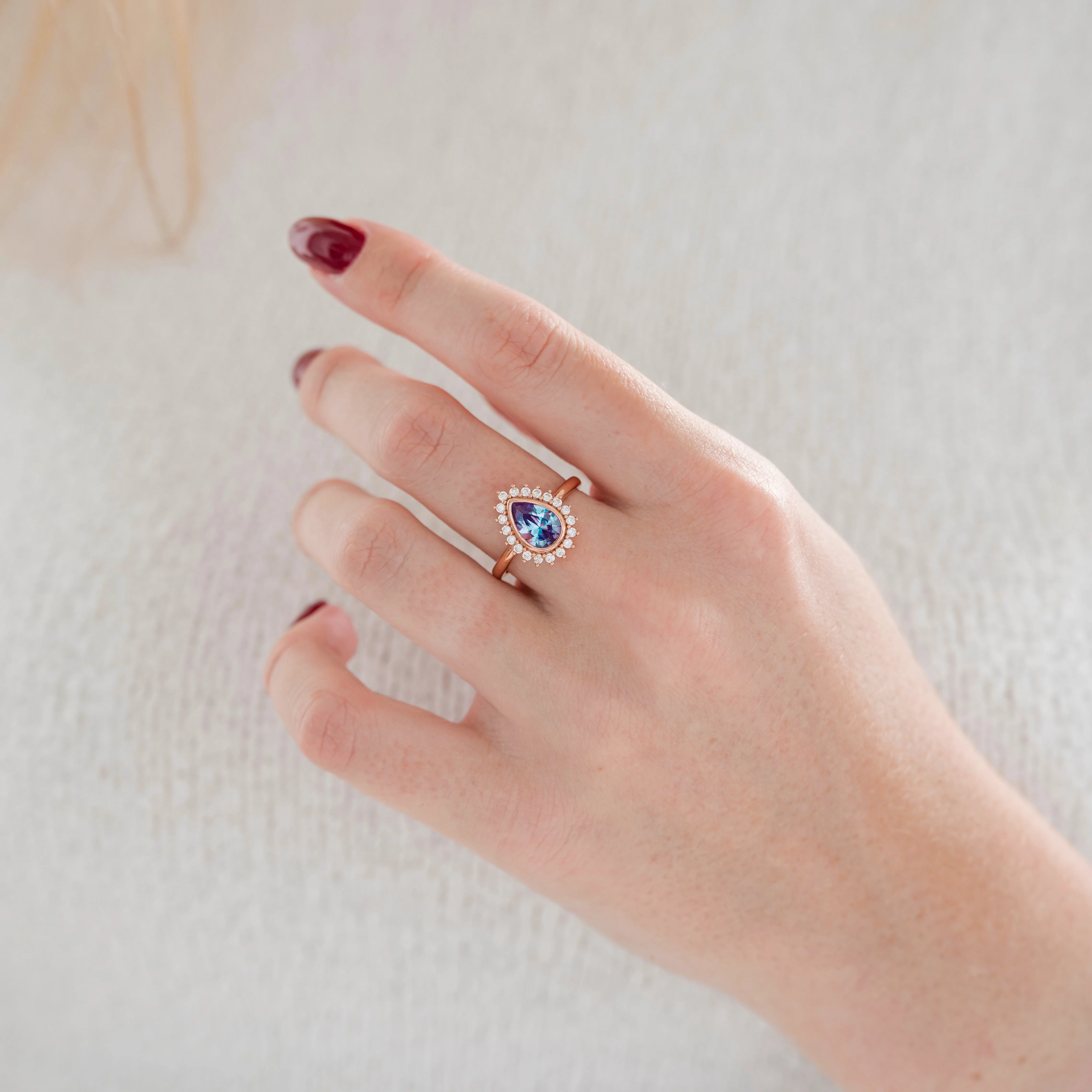 Lab Alexandrite Halo Engagement Ring in Solid 14K Rose Gold - Image 2