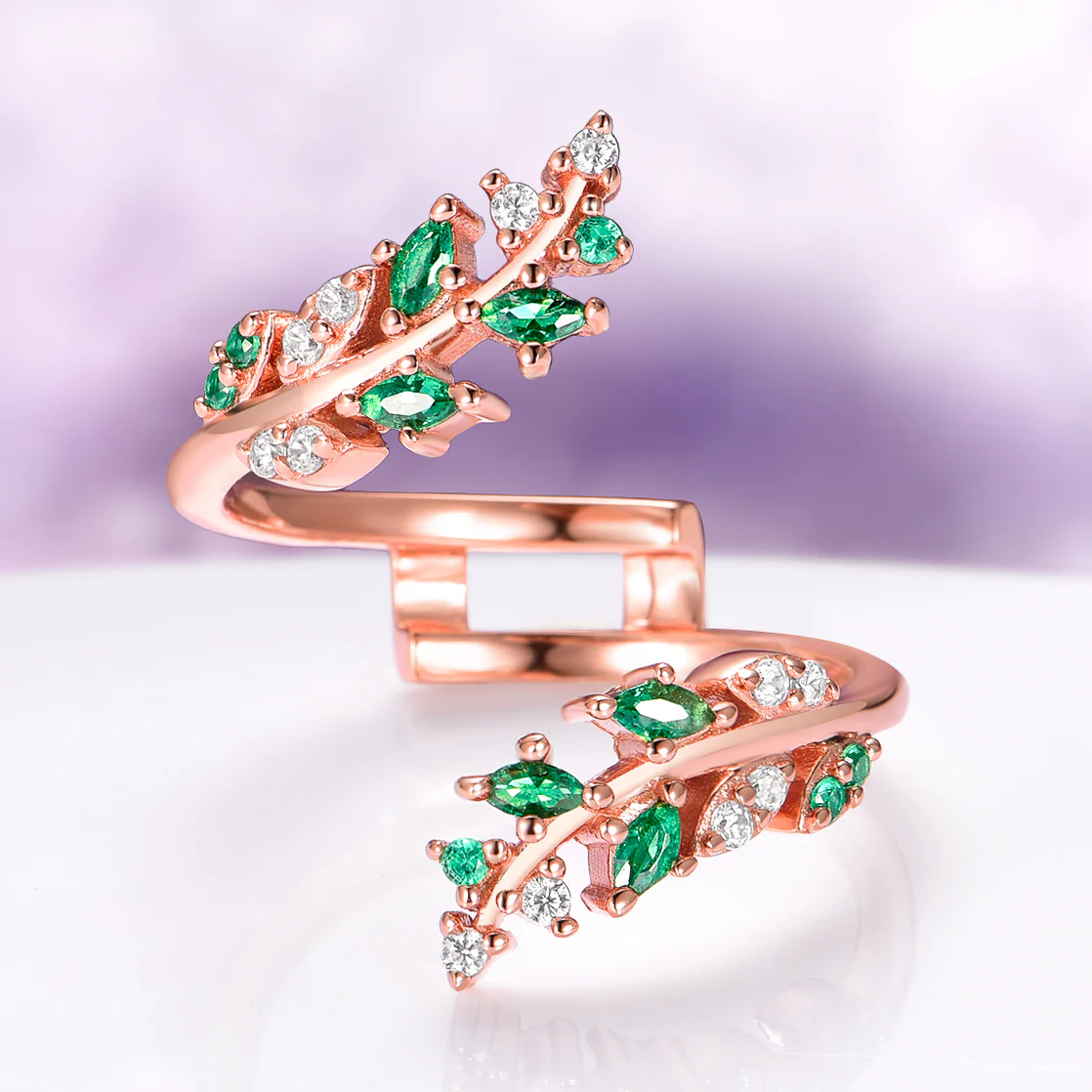 Lab-Grown Diamond & Emerald Leaf Engagement Ring Set in 14K Solid Rose Gold (IGI Certified) - Image 3