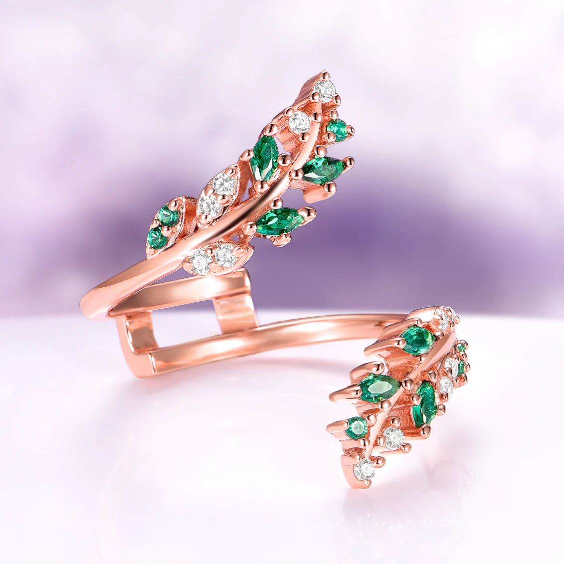 Lab-Grown Diamond & Emerald Leaf Engagement Ring Set in 14K Solid Rose Gold (IGI Certified) - Image 4