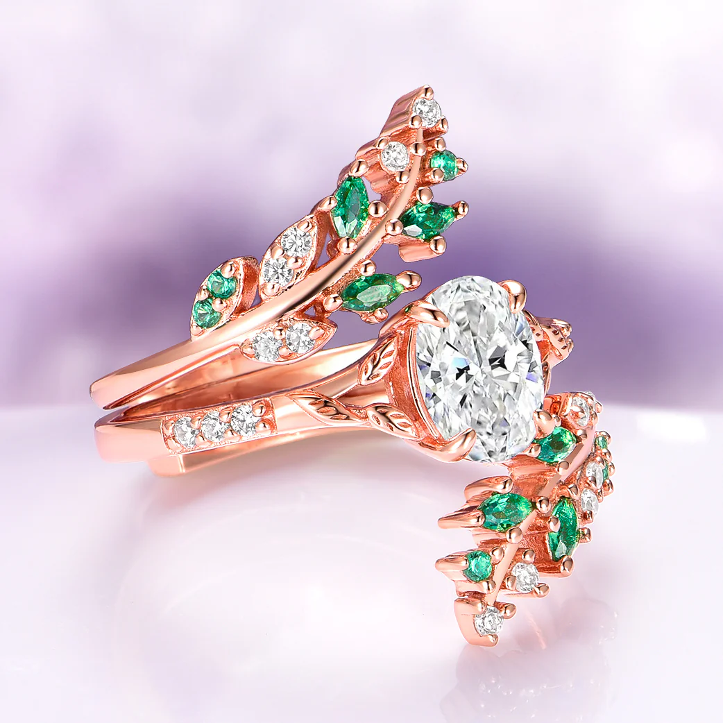 Lab-Grown Diamond & Emerald Leaf Engagement Ring Set in 14K Solid Rose Gold (IGI Certified) - Image 2