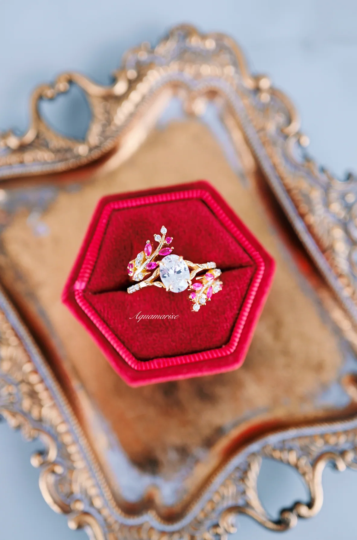 Ruby and Diamond Leaf Ring Guard in 14K Solid Yellow Gold - Image 3