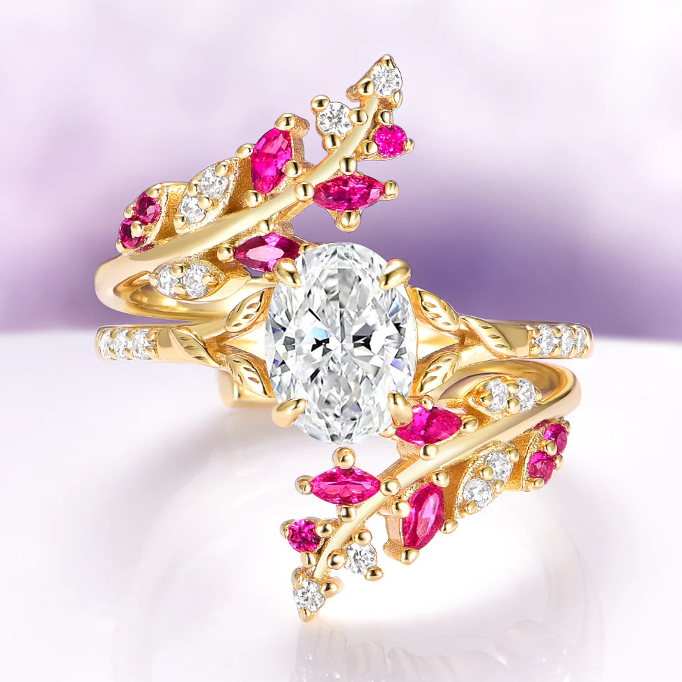 Ruby and Diamond Leaf Ring Guard in 14K Solid Yellow Gold - Image 7
