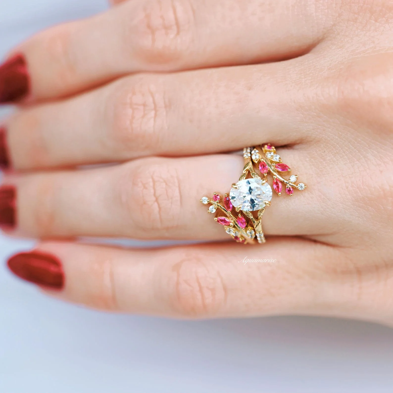 Ruby and Diamond Leaf Ring Guard in 14K Solid Yellow Gold - Image 2