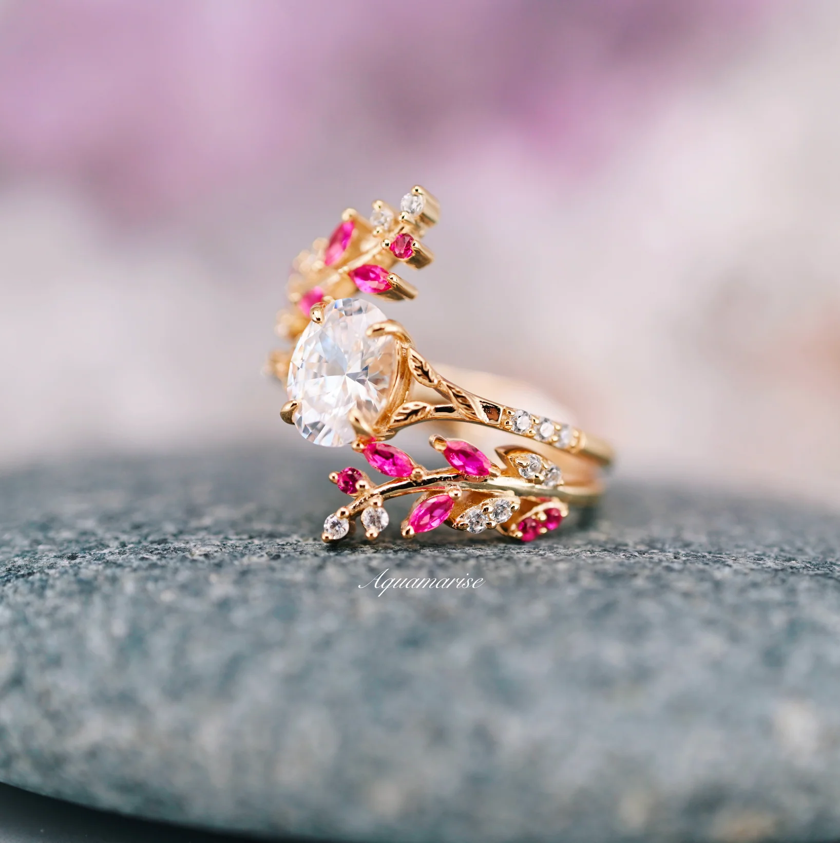 Ruby and Diamond Leaf Ring Guard in 14K Solid Yellow Gold - Image 9