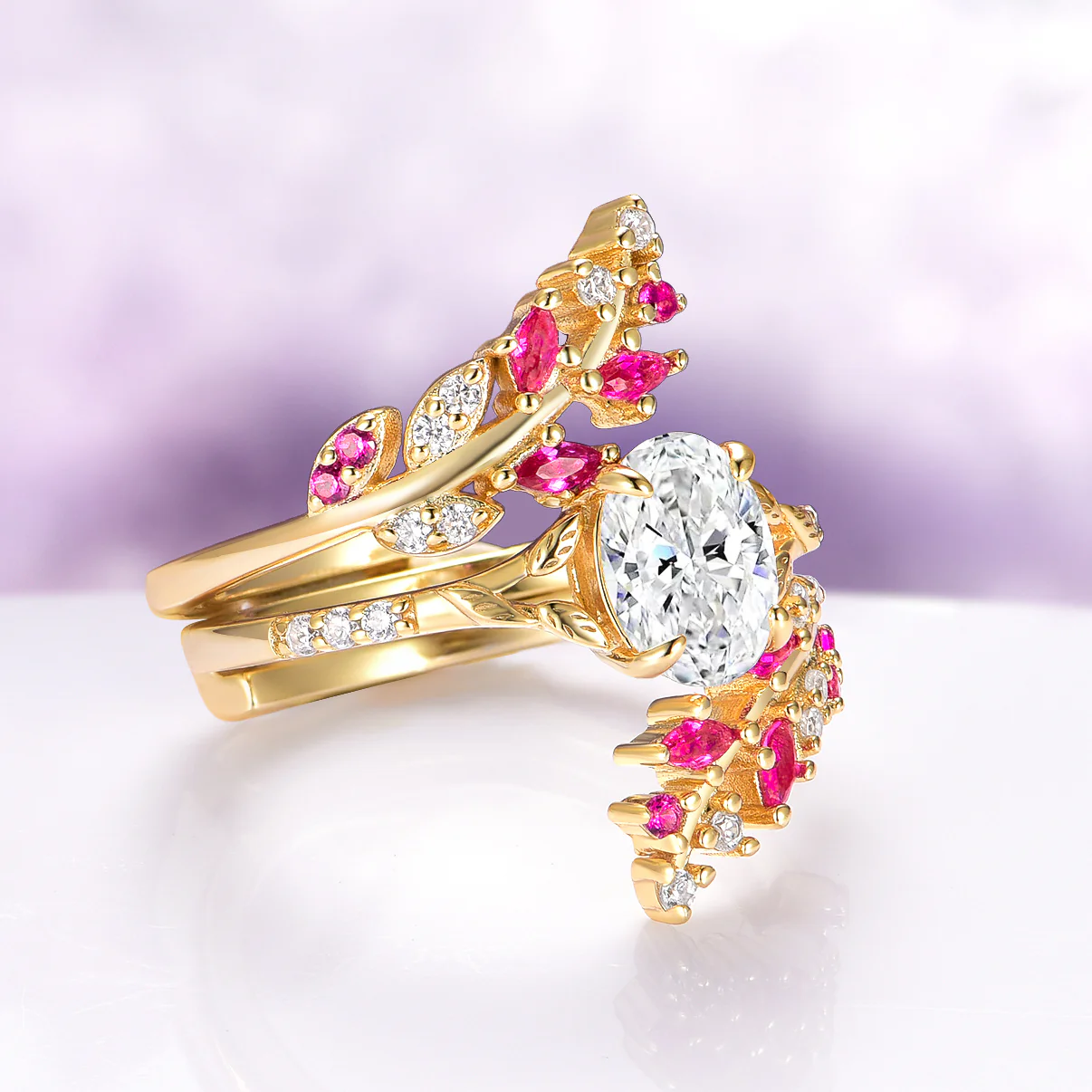 Ruby and Diamond Leaf Ring Guard in 14K Solid Yellow Gold - Image 8
