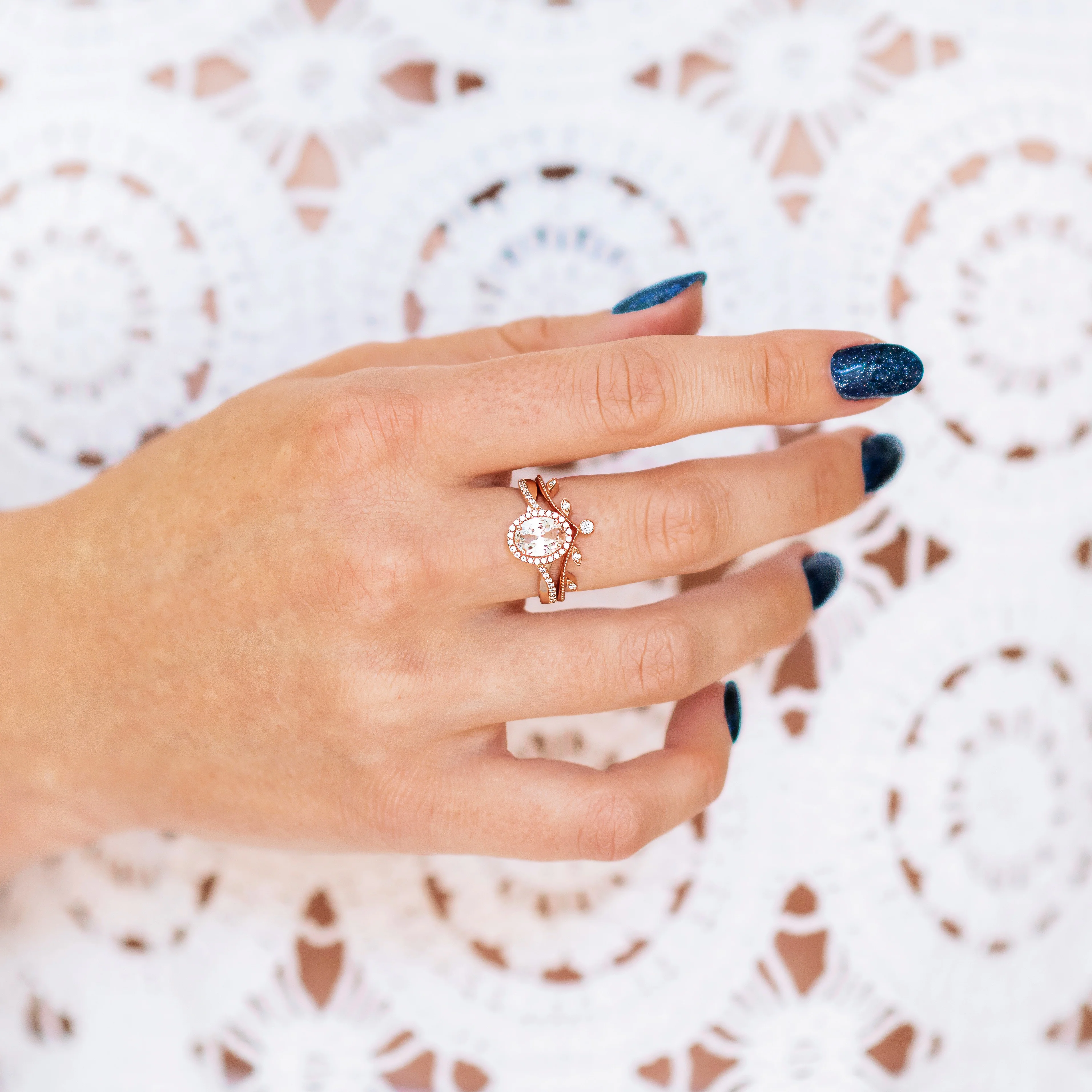 Moissanite Leaf Engagement Ring Set in 14K Solid Rose Gold - Image 2