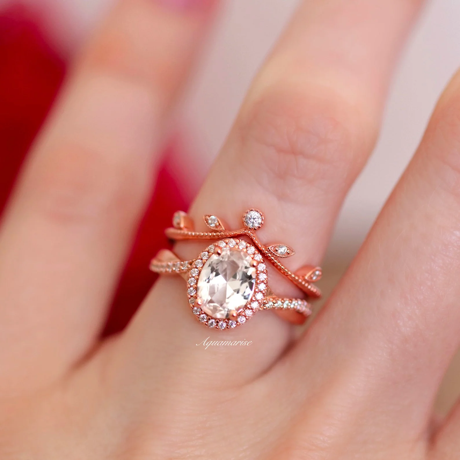 Moissanite Leaf Engagement Ring Set in 14K Solid Rose Gold - Image 3