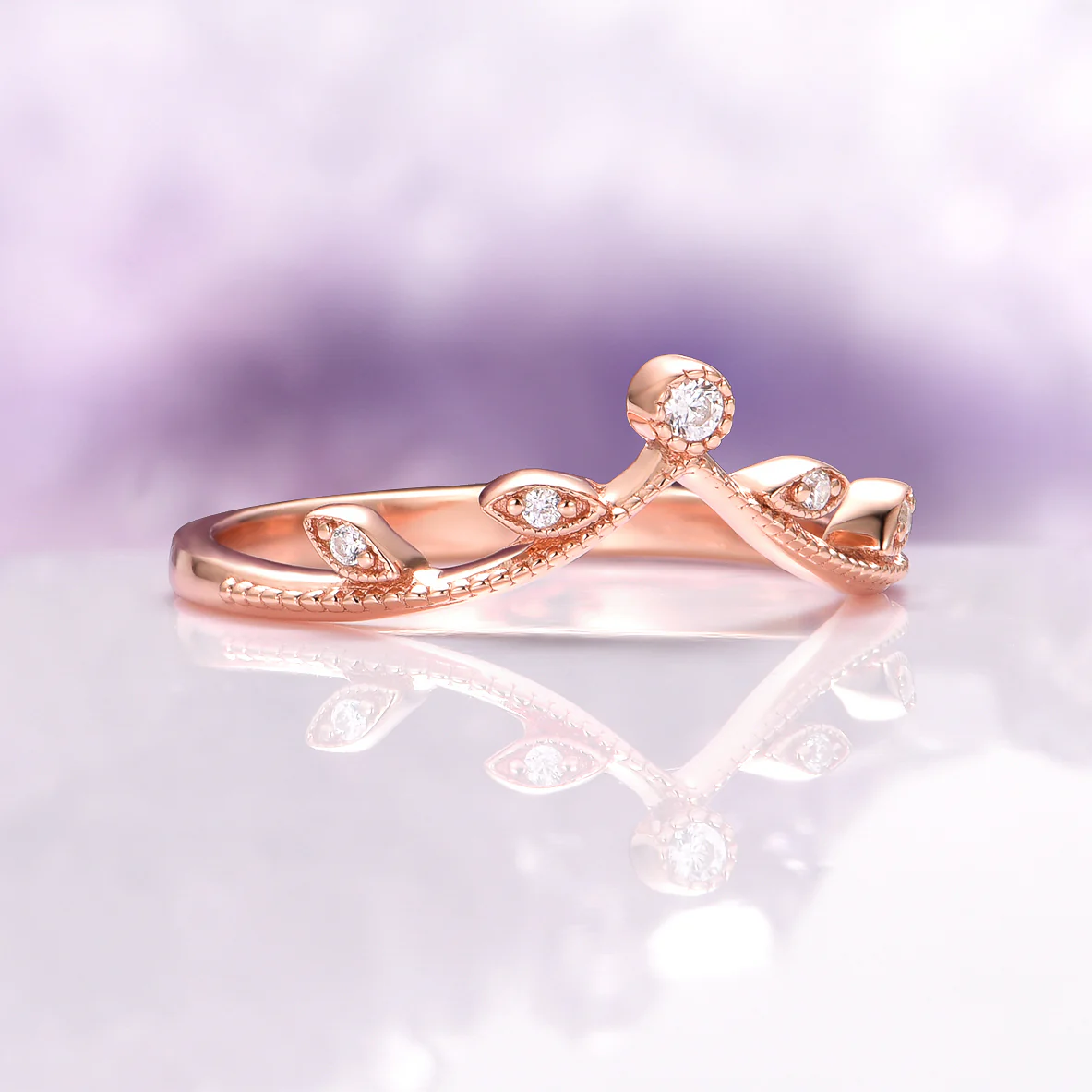 Simulated Diamond Leaf Wedding Band in 14K Rose Gold Vermeil - Image 4