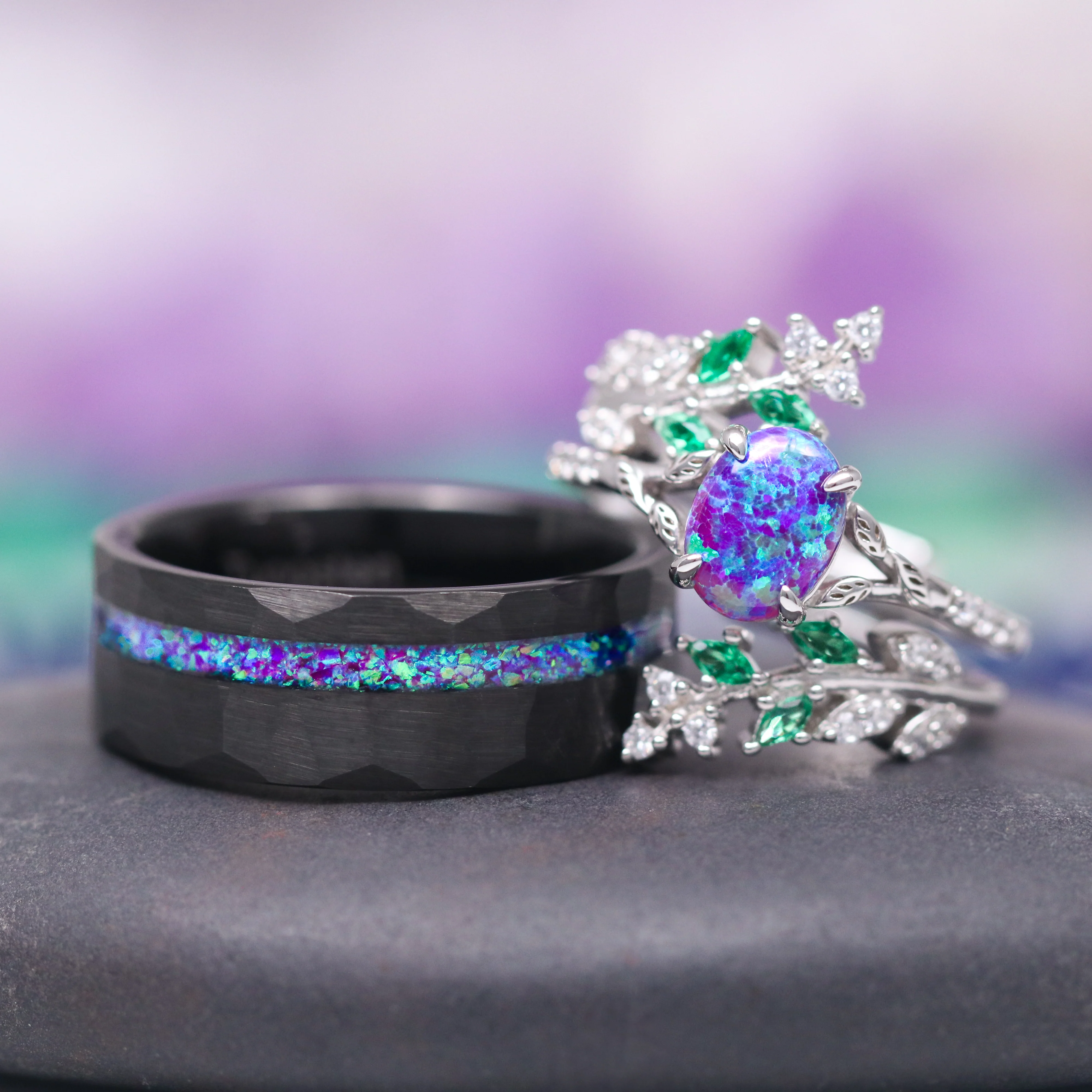 Lavender Fire Opal & Emerald Leaf Couples Ring Set