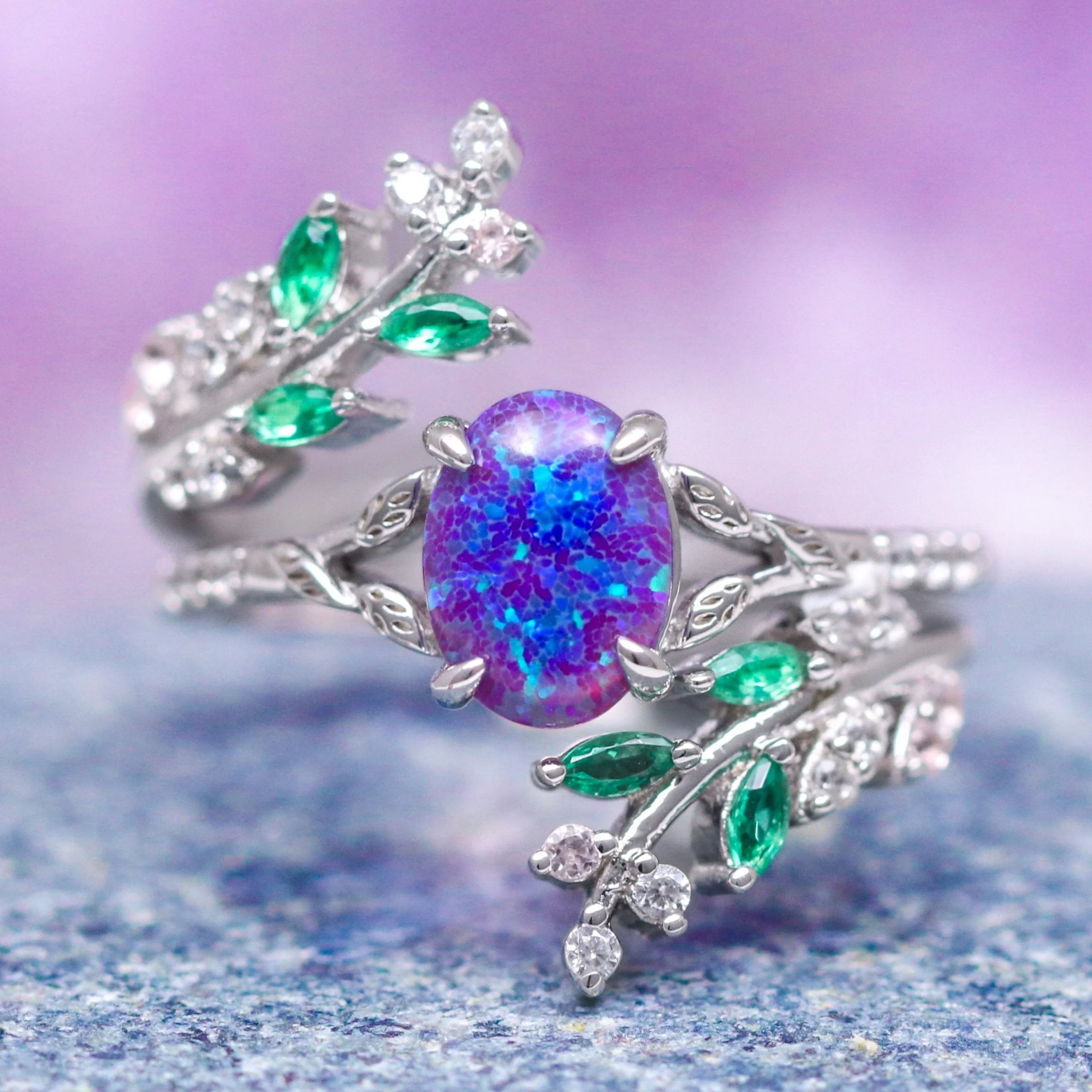 Lavender Fire Opal & Emerald Leaf Couples Ring Set - Image 3