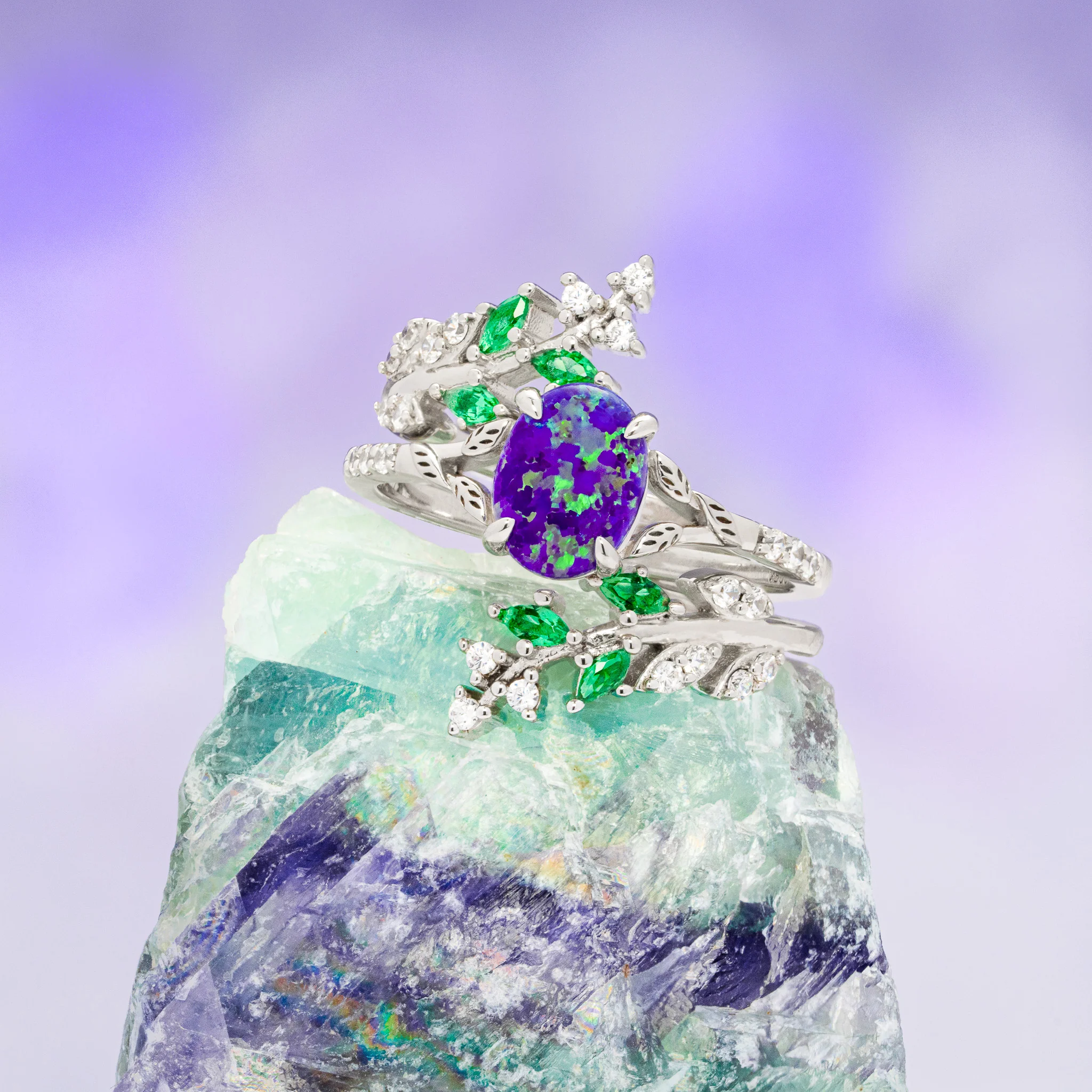Lavender Fire Opal & Emerald Leaf Couples Ring Set - Image 6