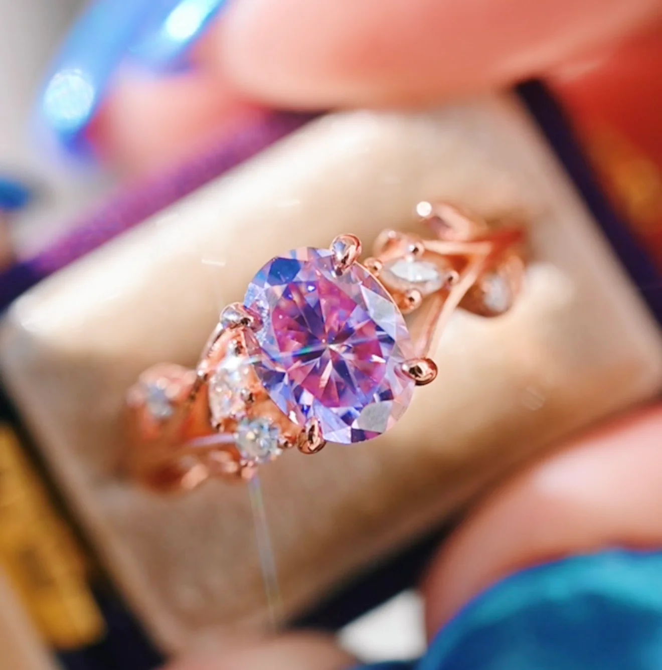 Lavender Moissanite Leaf Engagement in Solid 14K Rose Gold - Image 5