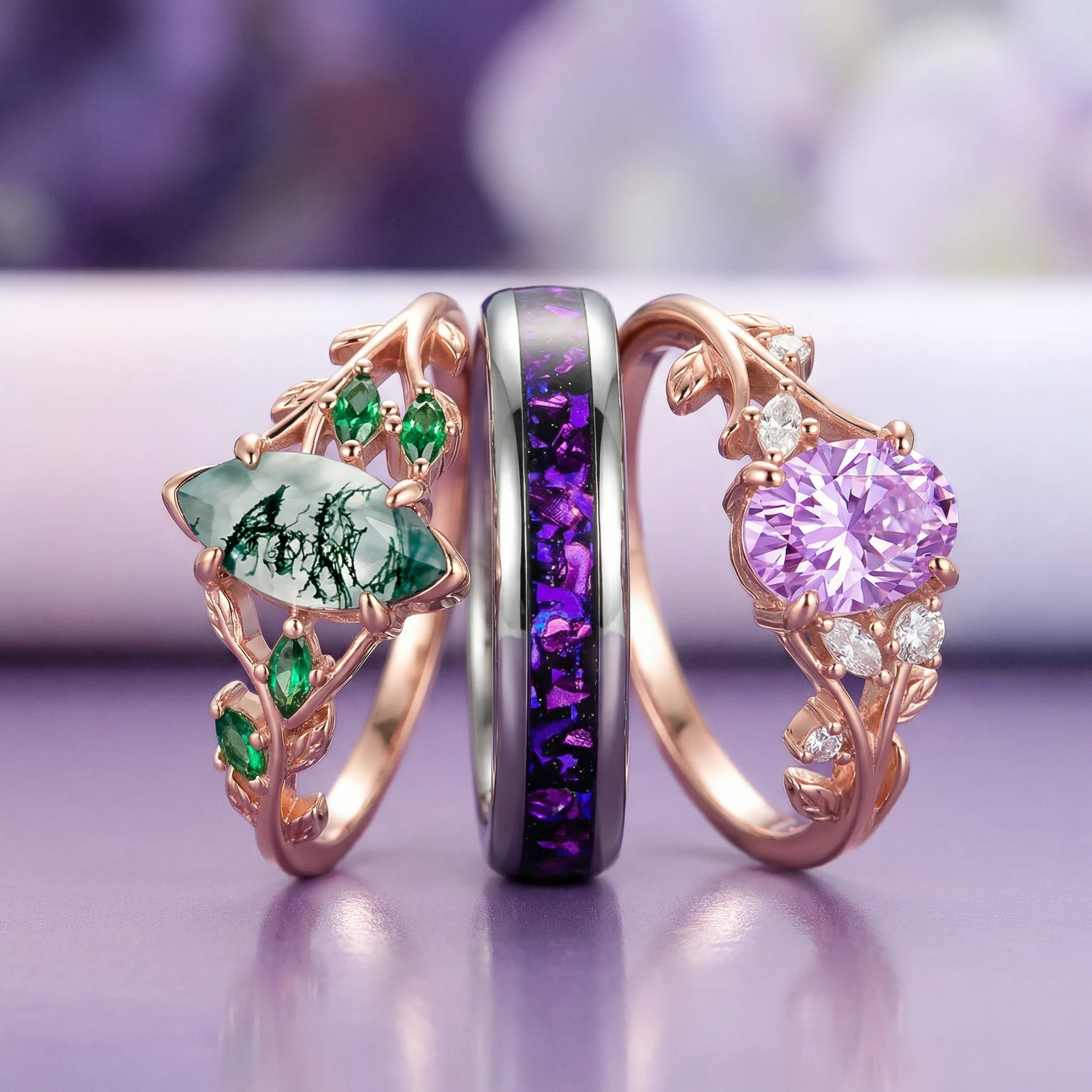 Rowan Marquise Moss Agate Leaf Engagement Ring in Solid 14K Rose Gold - Image 4