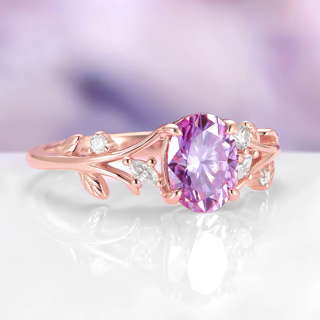 Lavender Moissanite Leaf Engagement in Solid 14K Rose Gold - Image 7