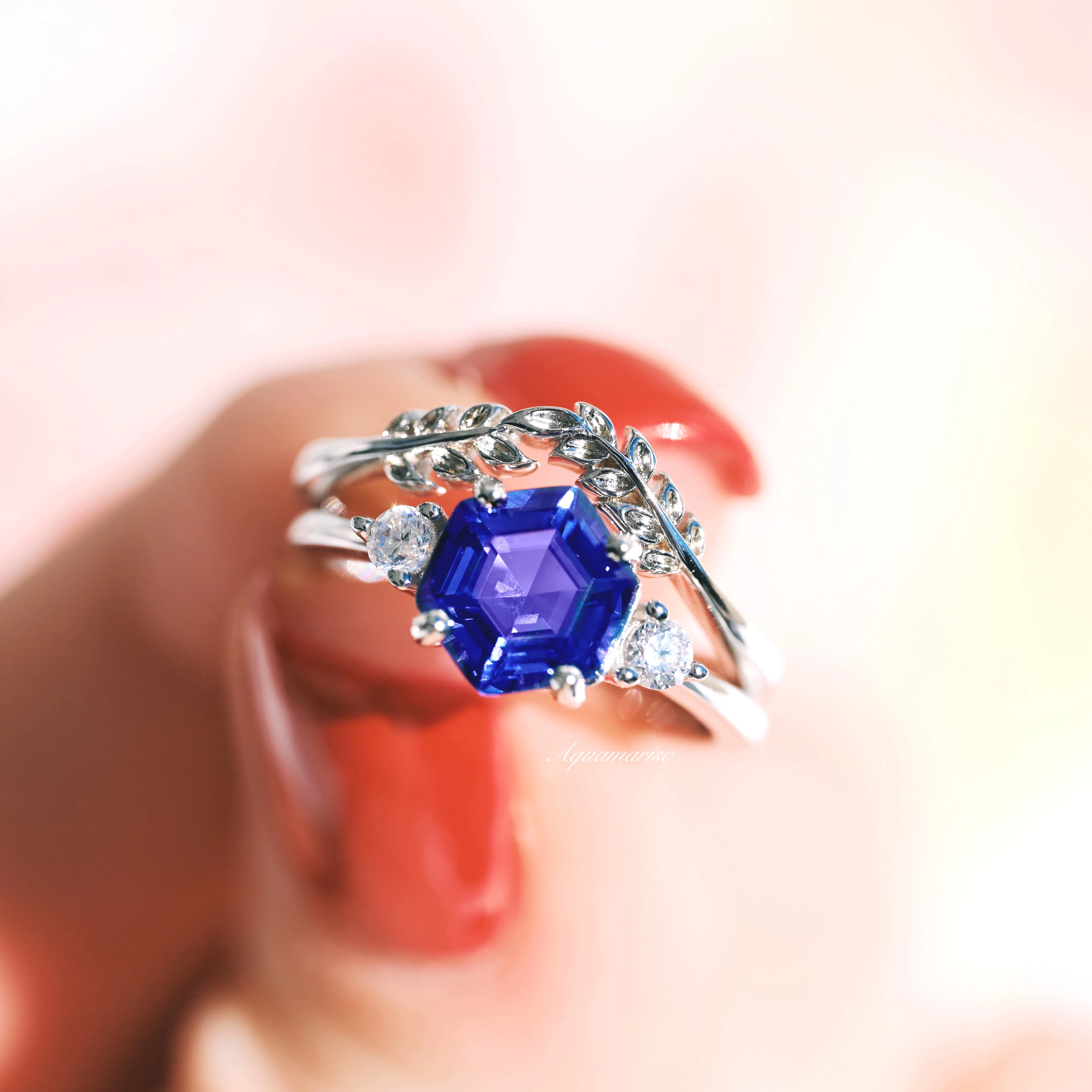 Hexagon Tanzanite Leaf Ring Set in Sterling Silver - Image 3