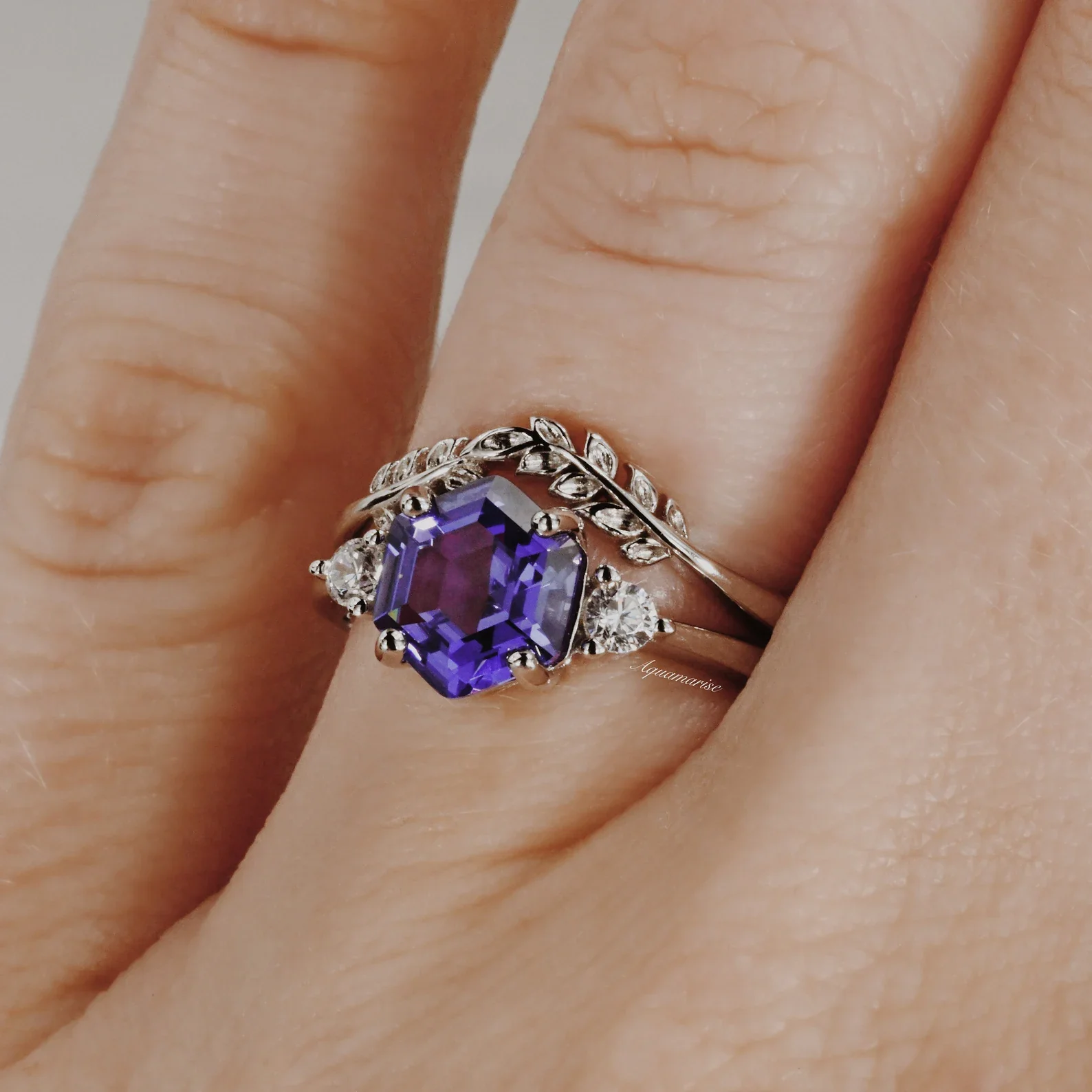 Hexagon Tanzanite Leaf Ring Set in Sterling Silver - Image 4