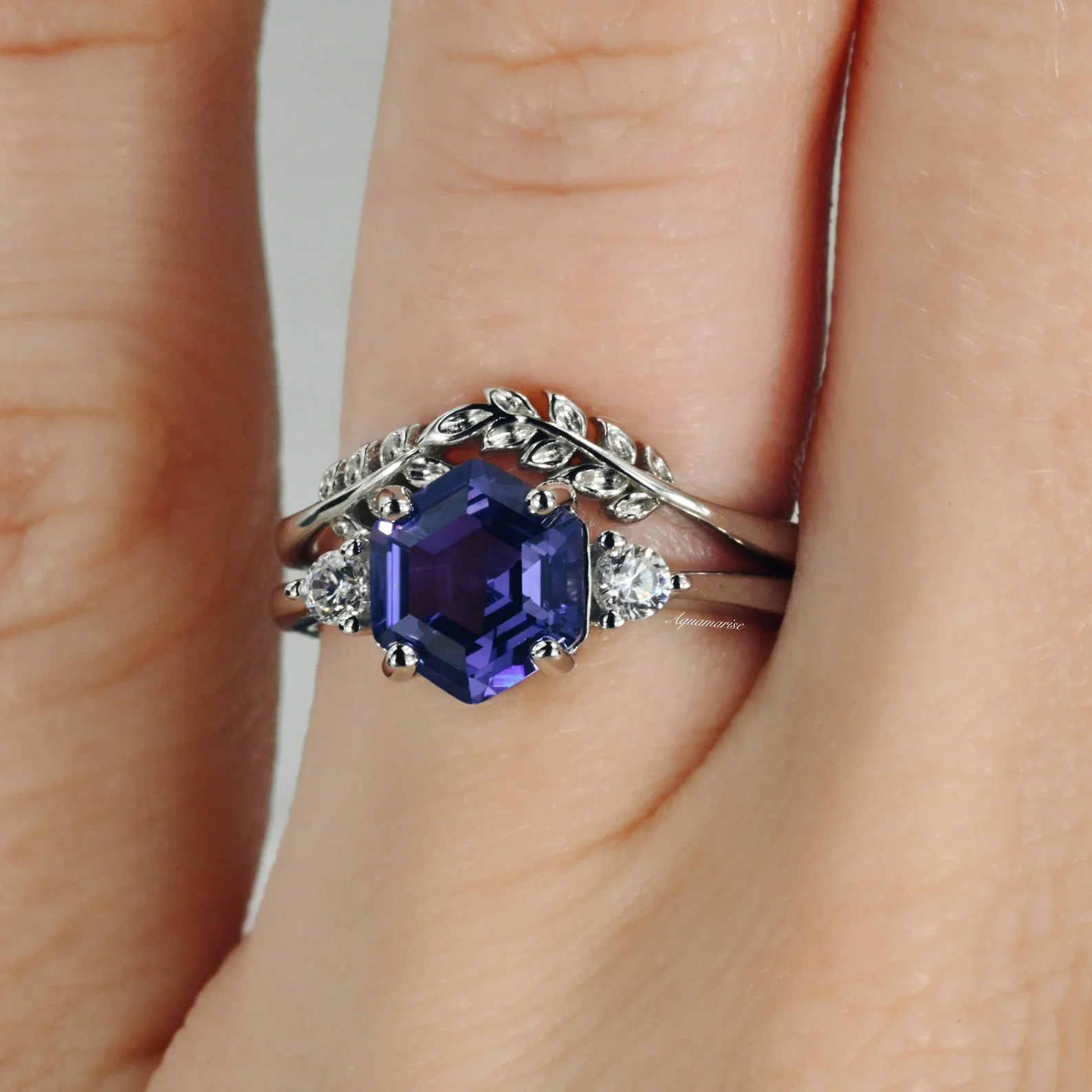 Hexagon Tanzanite Leaf Ring Set in Sterling Silver - Image 5