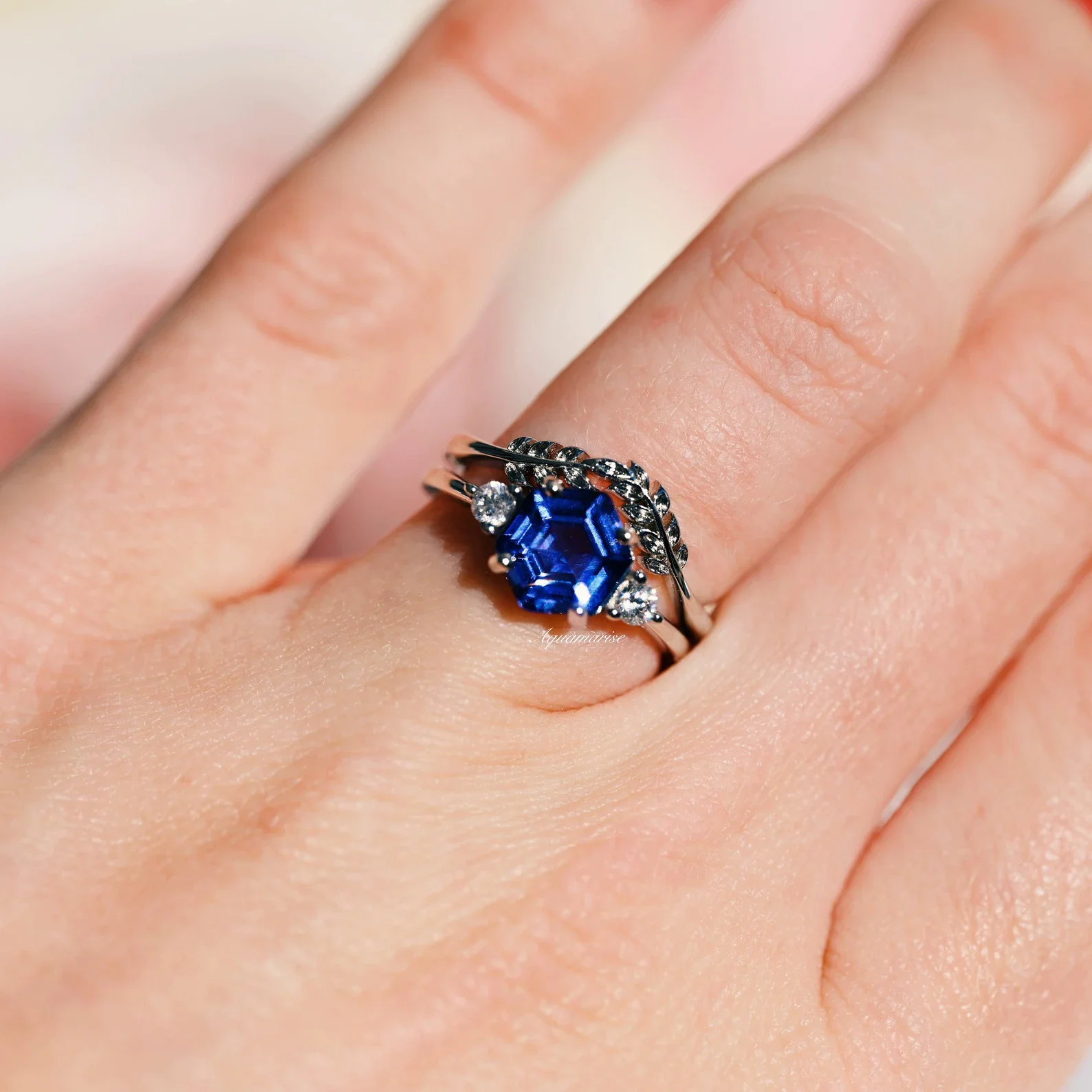 Hexagon Tanzanite Leaf Ring Set in Sterling Silver - Image 7